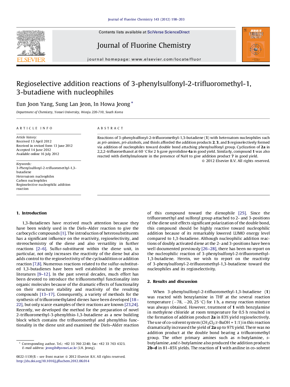 Regioselective addition reactions of 3-phenylsulfonyl-2-trifluoromethyl-1,3-butadiene with nucleophiles