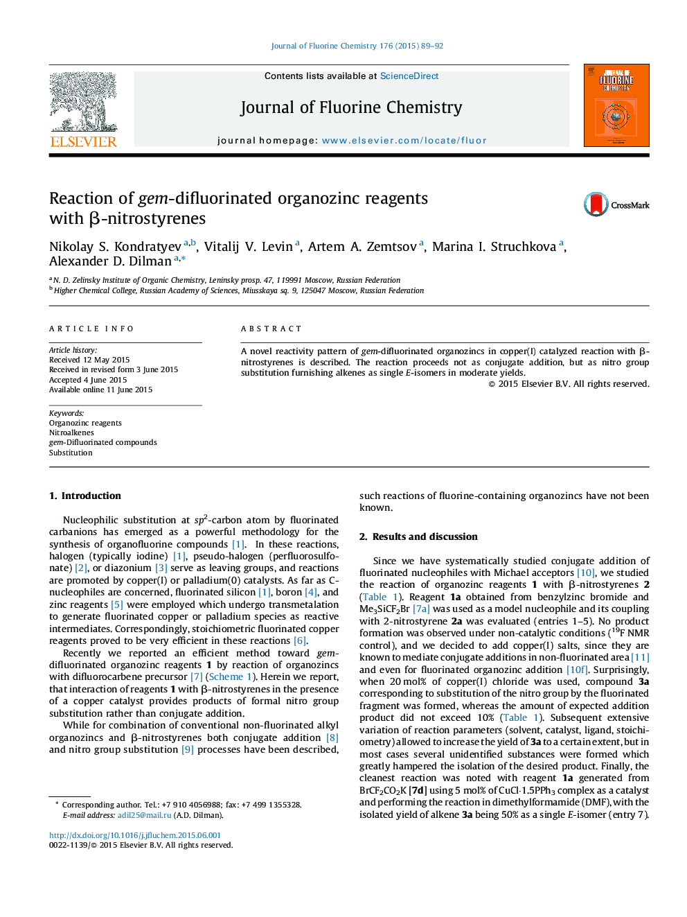 Reaction of gem-difluorinated organozinc reagents with β-nitrostyrenes