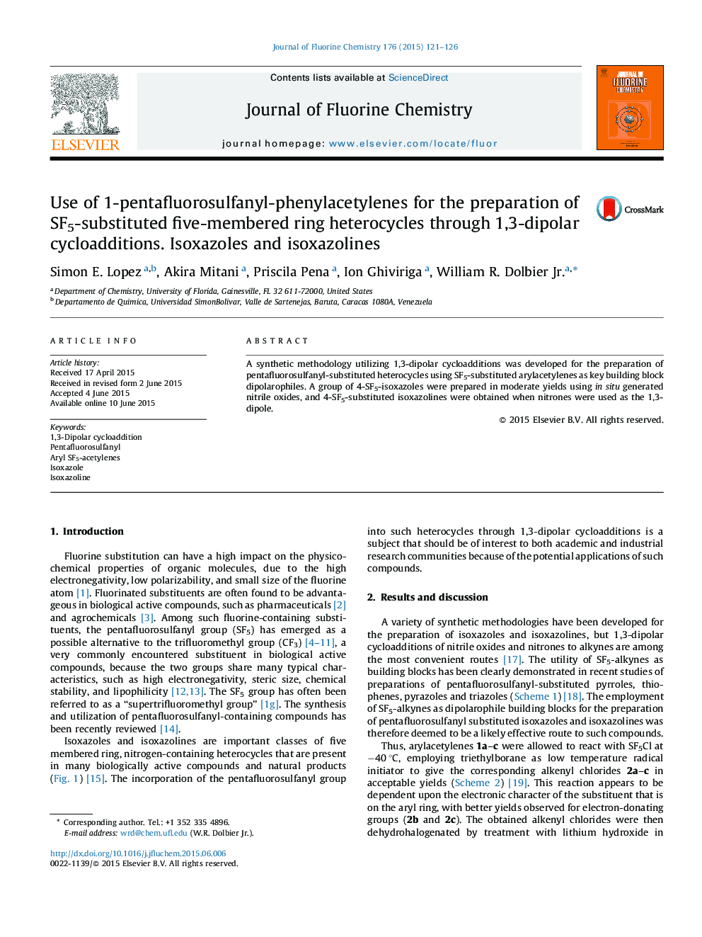 Use of 1-pentafluorosulfanyl-phenylacetylenes for the preparation of SF5-substituted five-membered ring heterocycles through 1,3-dipolar cycloadditions. Isoxazoles and isoxazolines