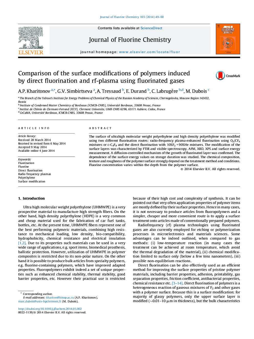 Comparison of the surface modifications of polymers induced by direct fluorination and rf-plasma using fluorinated gases