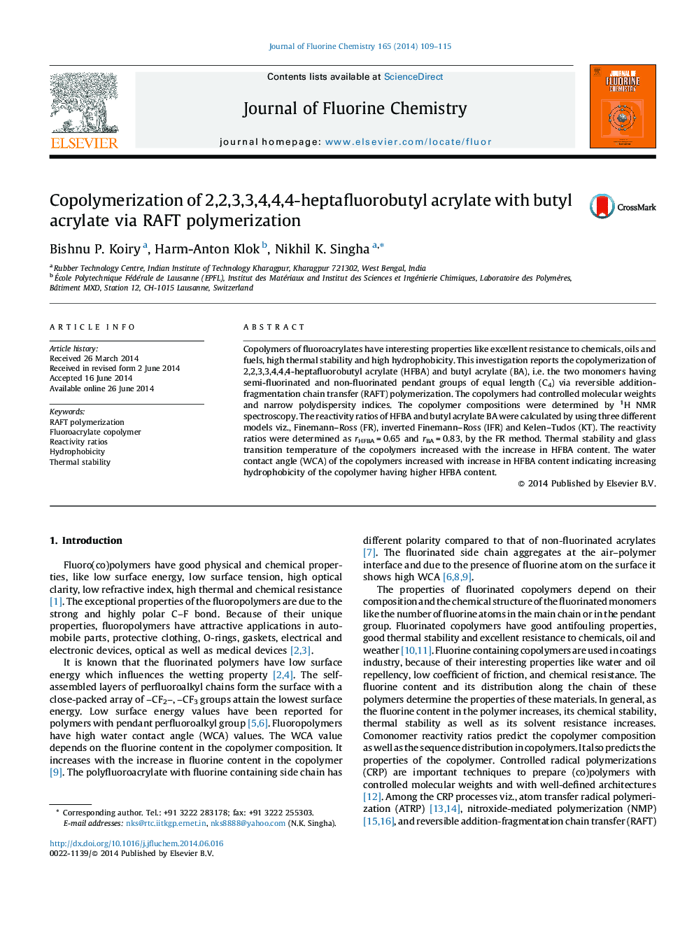 Copolymerization of 2,2,3,3,4,4,4-heptafluorobutyl acrylate with butyl acrylate via RAFT polymerization