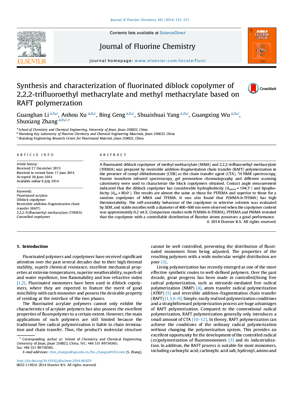 Synthesis and characterization of fluorinated diblock copolymer of 2,2,2-trifluoroethyl methacrylate and methyl methacrylate based on RAFT polymerzation