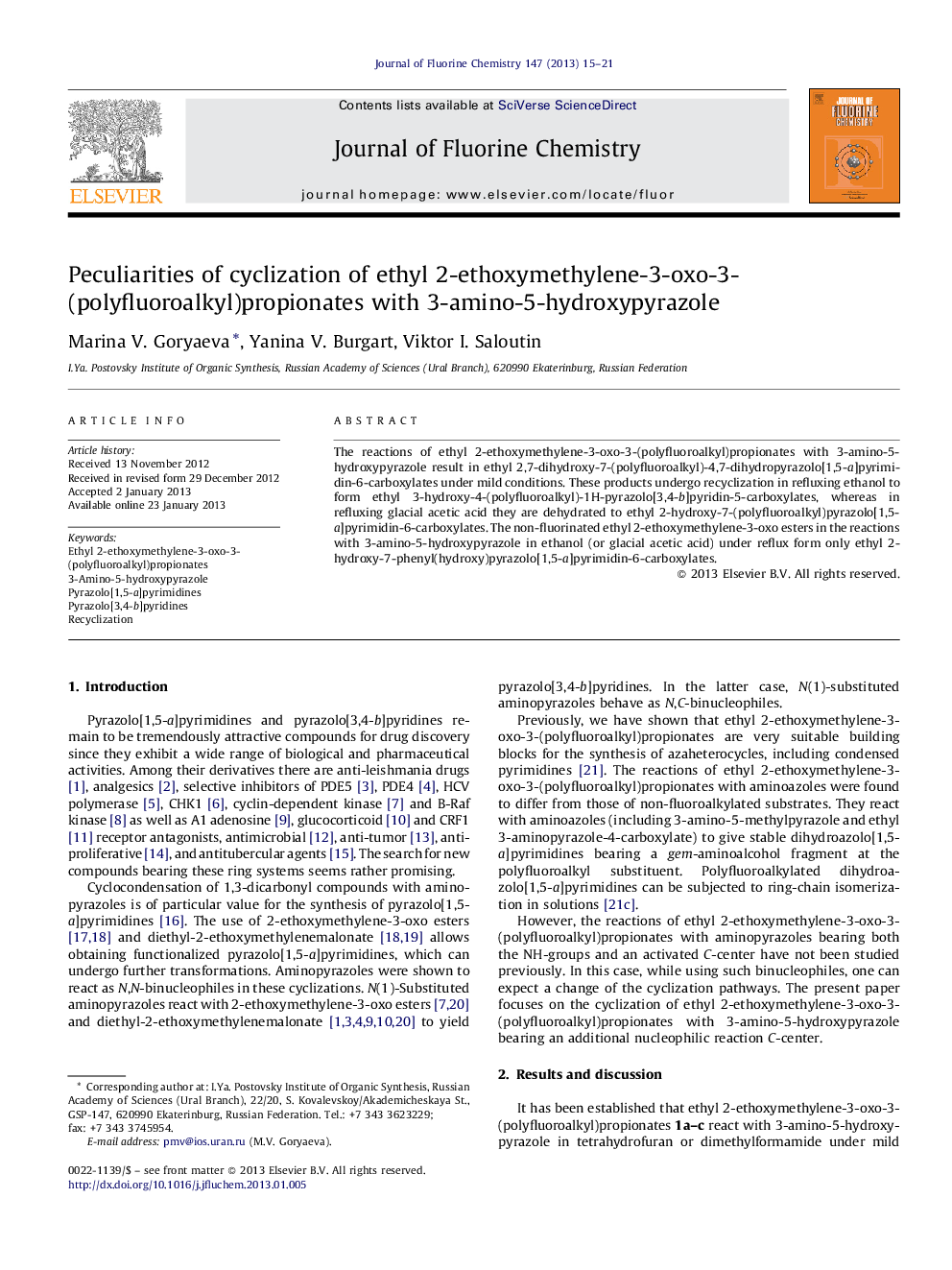 Peculiarities of cyclization of ethyl 2-ethoxymethylene-3-oxo-3-(polyfluoroalkyl)propionates with 3-amino-5-hydroxypyrazole