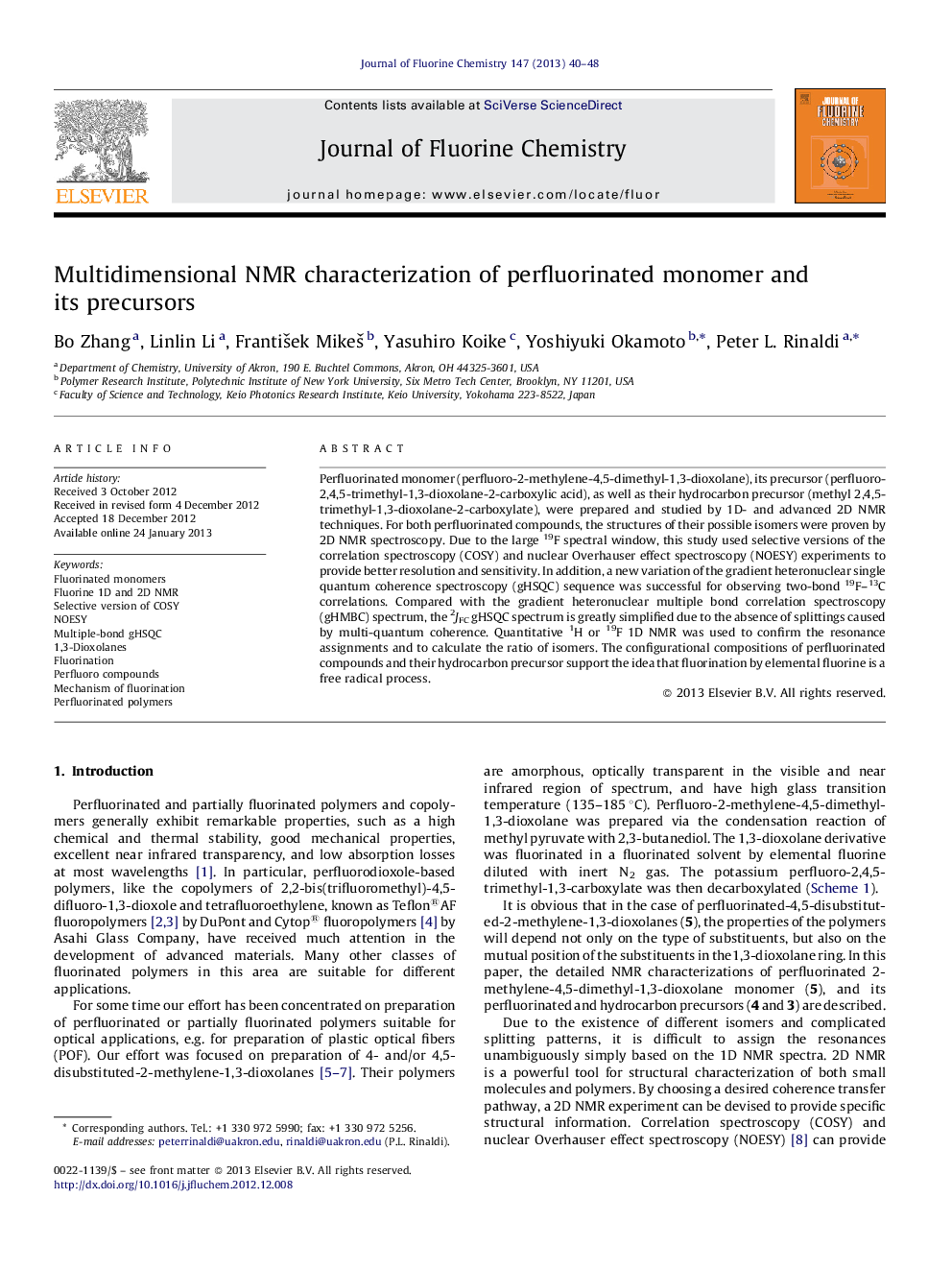 Multidimensional NMR characterization of perfluorinated monomer and its precursors