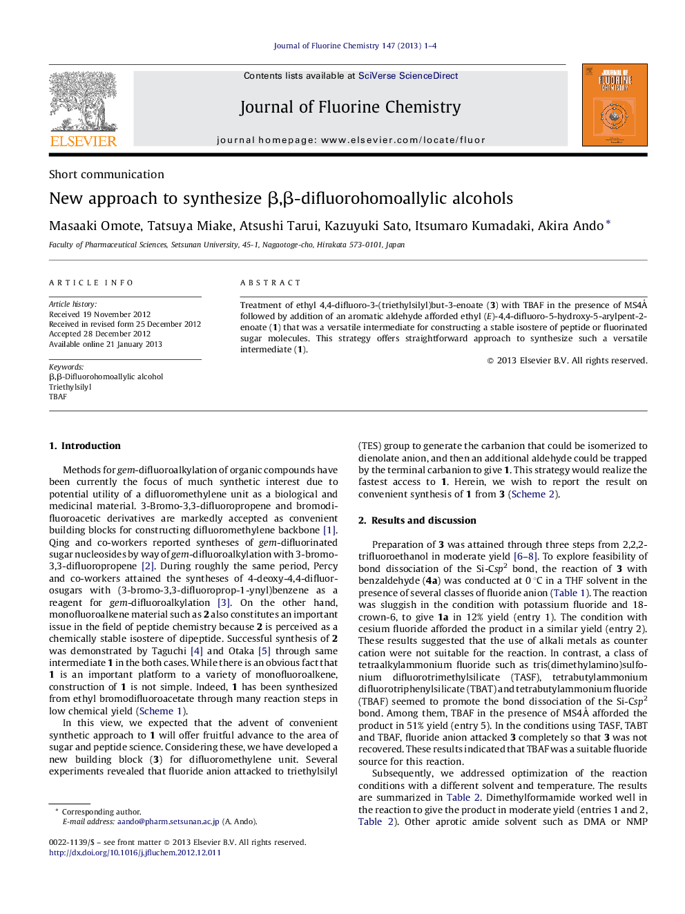 New approach to synthesize β,β-difluorohomoallylic alcohols