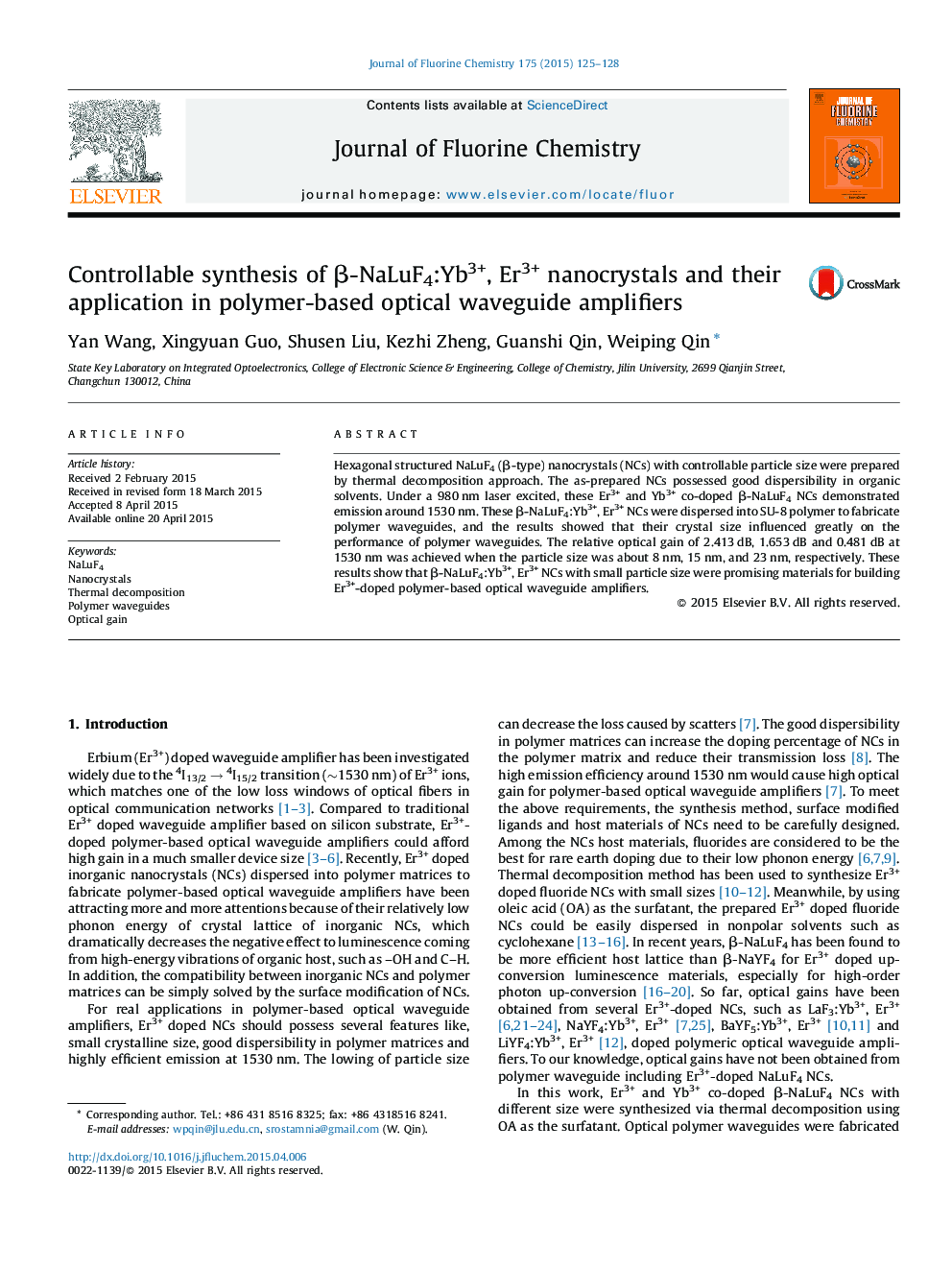 Controllable synthesis of β-NaLuF4:Yb3+, Er3+ nanocrystals and their application in polymer-based optical waveguide amplifiers