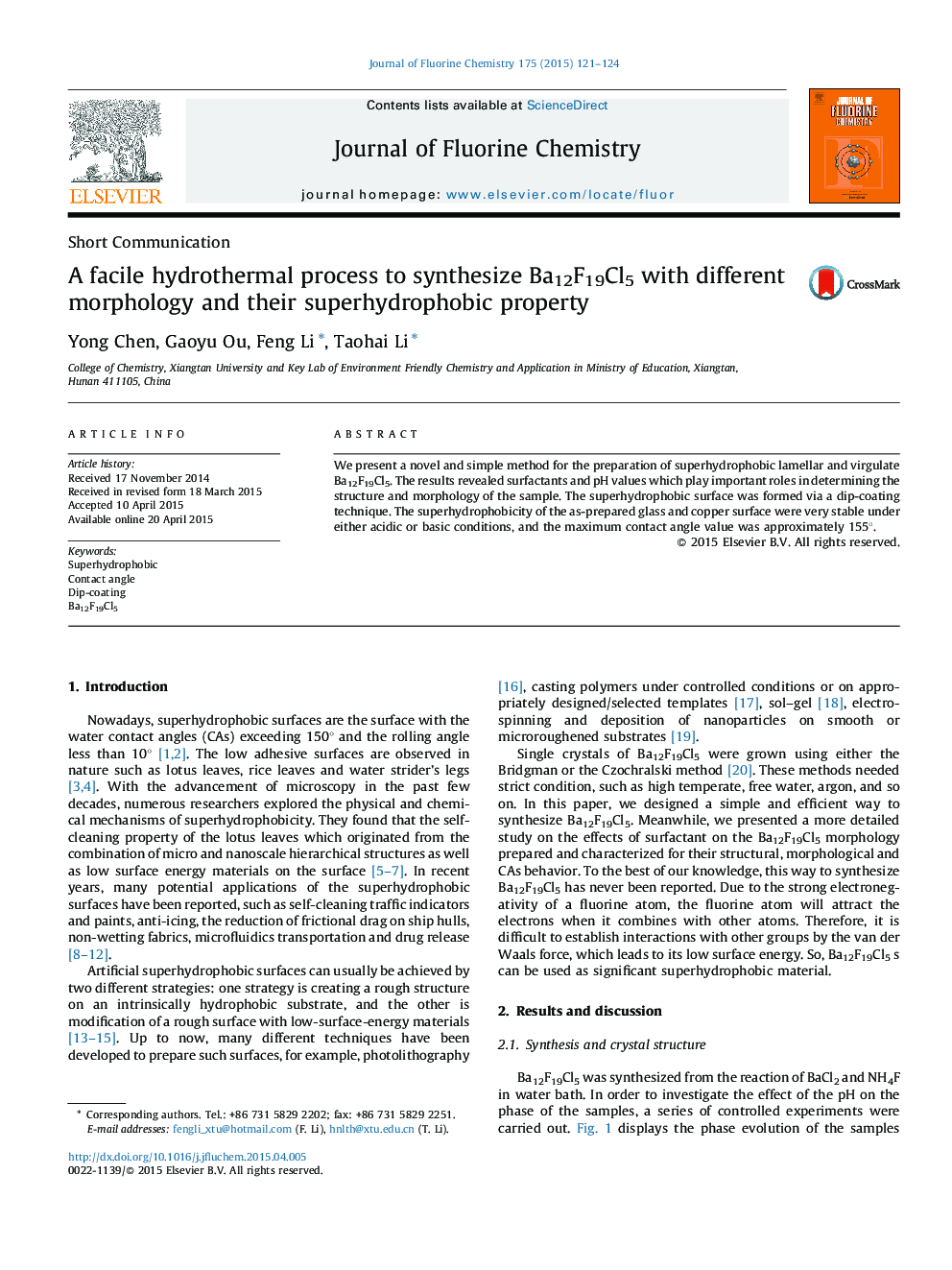 A facile hydrothermal process to synthesize Ba12F19Cl5 with different morphology and their superhydrophobic property