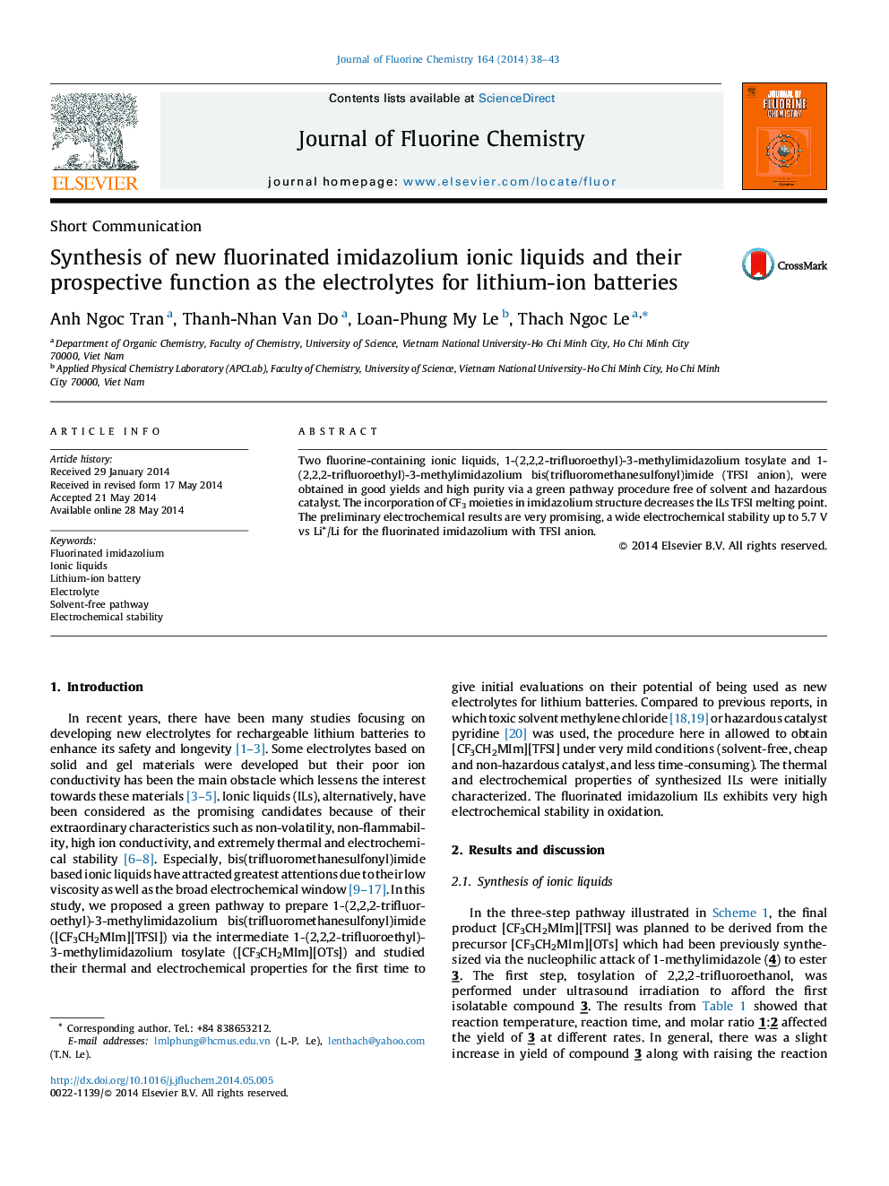 Synthesis of new fluorinated imidazolium ionic liquids and their prospective function as the electrolytes for lithium-ion batteries