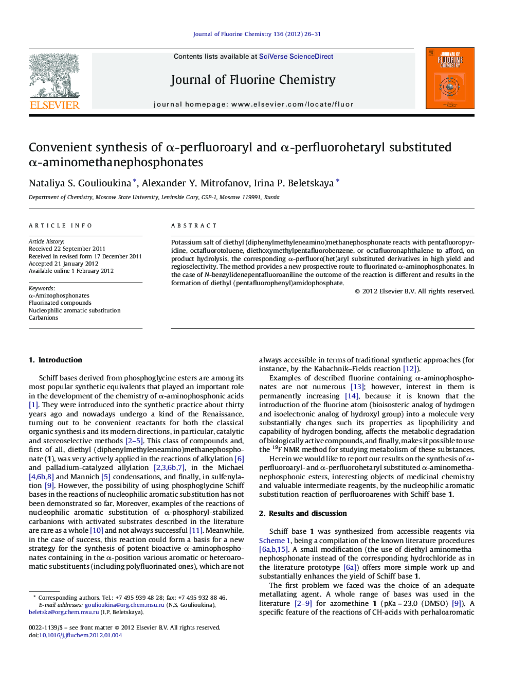 Convenient synthesis of α-perfluoroaryl and α-perfluorohetaryl substituted α-aminomethanephosphonates