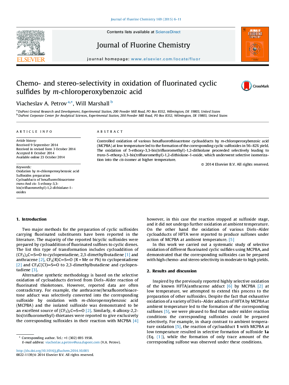 عکس صفحه اول مقاله: Chemo- and stereo-selectivity in oxidation of fluorinated cyclic sulfides by m-chloroperoxybenzoic acid Chemo- and stereo-selectivity in oxidation of fluorinated cyclic sulfides by m-chloroperoxybenzoic acid