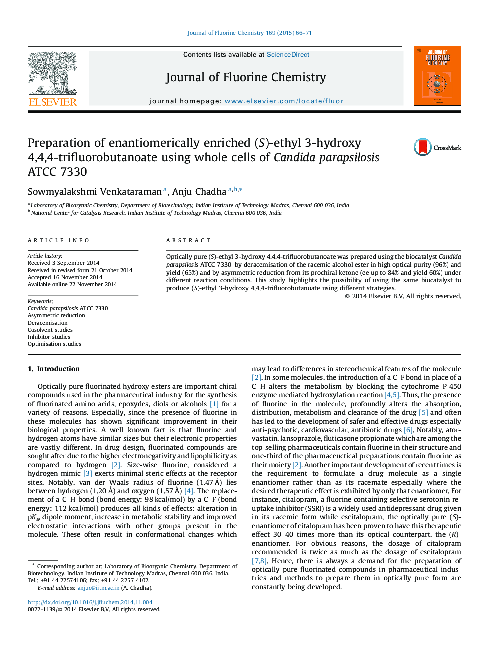 Preparation of enantiomerically enriched (S)-ethyl 3-hydroxy 4,4,4-trifluorobutanoate using whole cells of Candida parapsilosis ATCC 7330