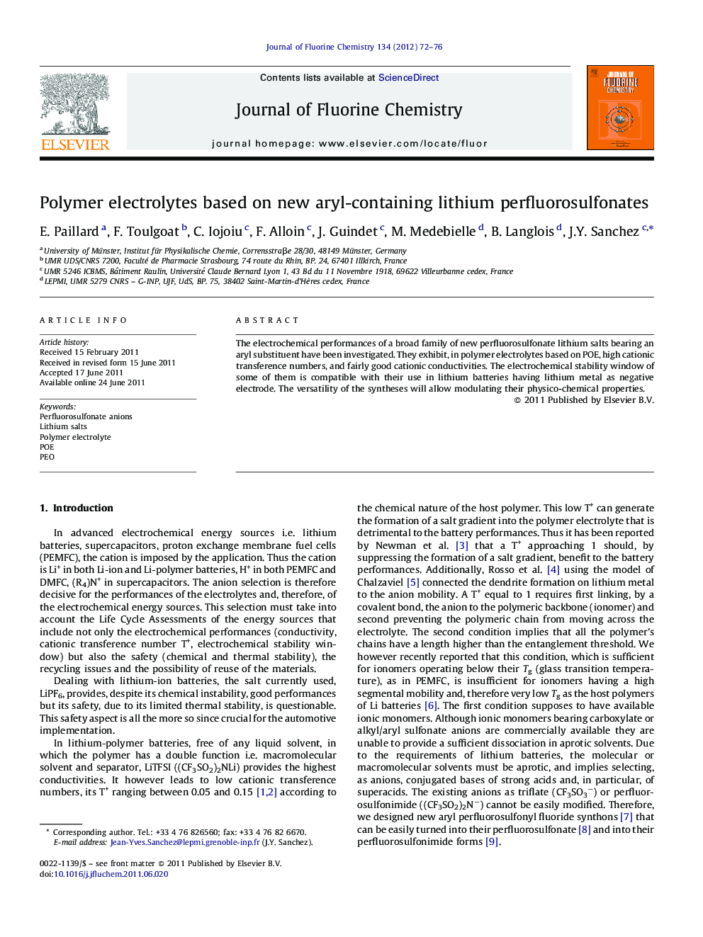 Polymer electrolytes based on new aryl-containing lithium perfluorosulfonates