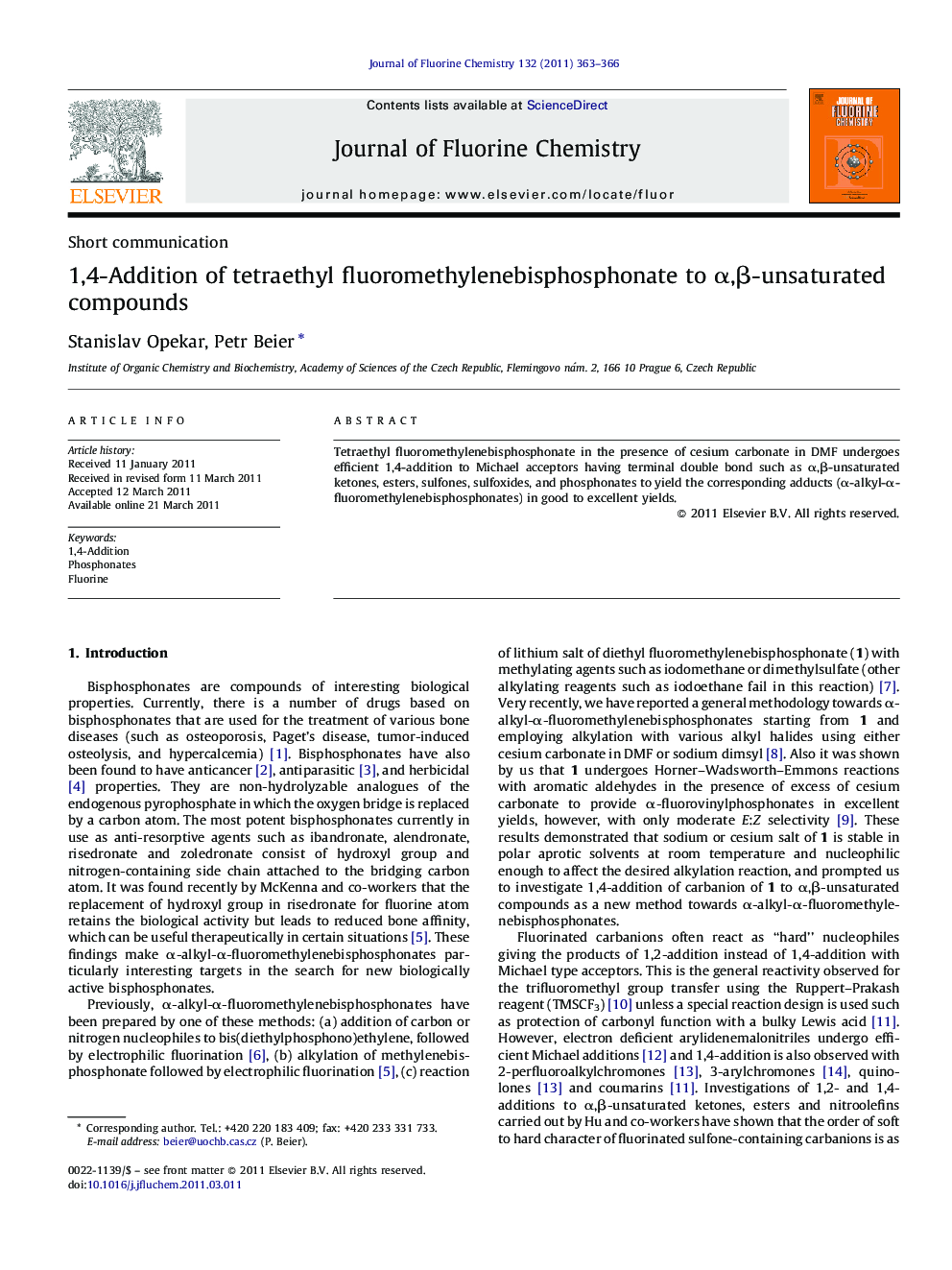 1,4-Addition of tetraethyl fluoromethylenebisphosphonate to α,β-unsaturated compounds