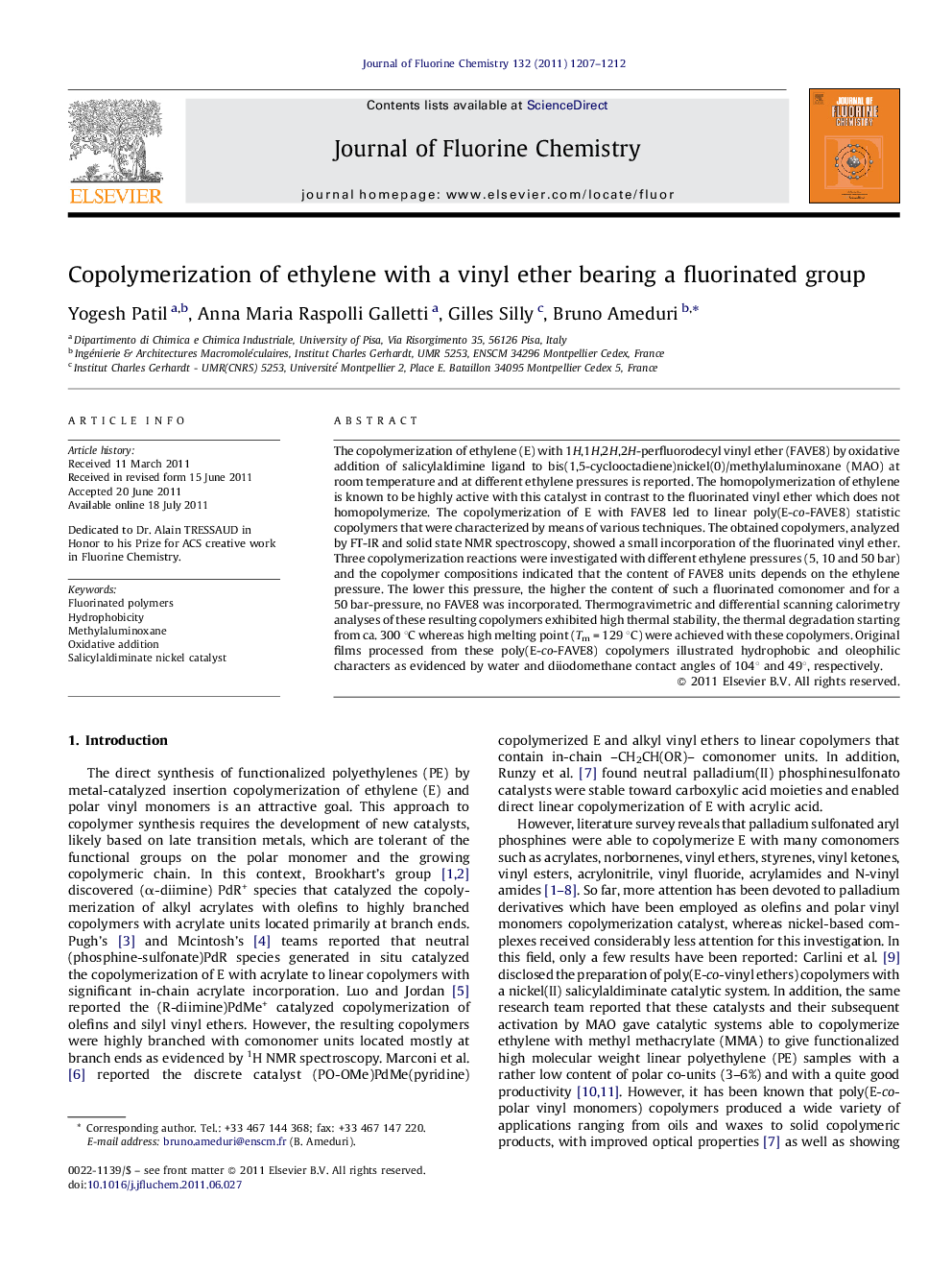 Copolymerization of ethylene with a vinyl ether bearing a fluorinated group