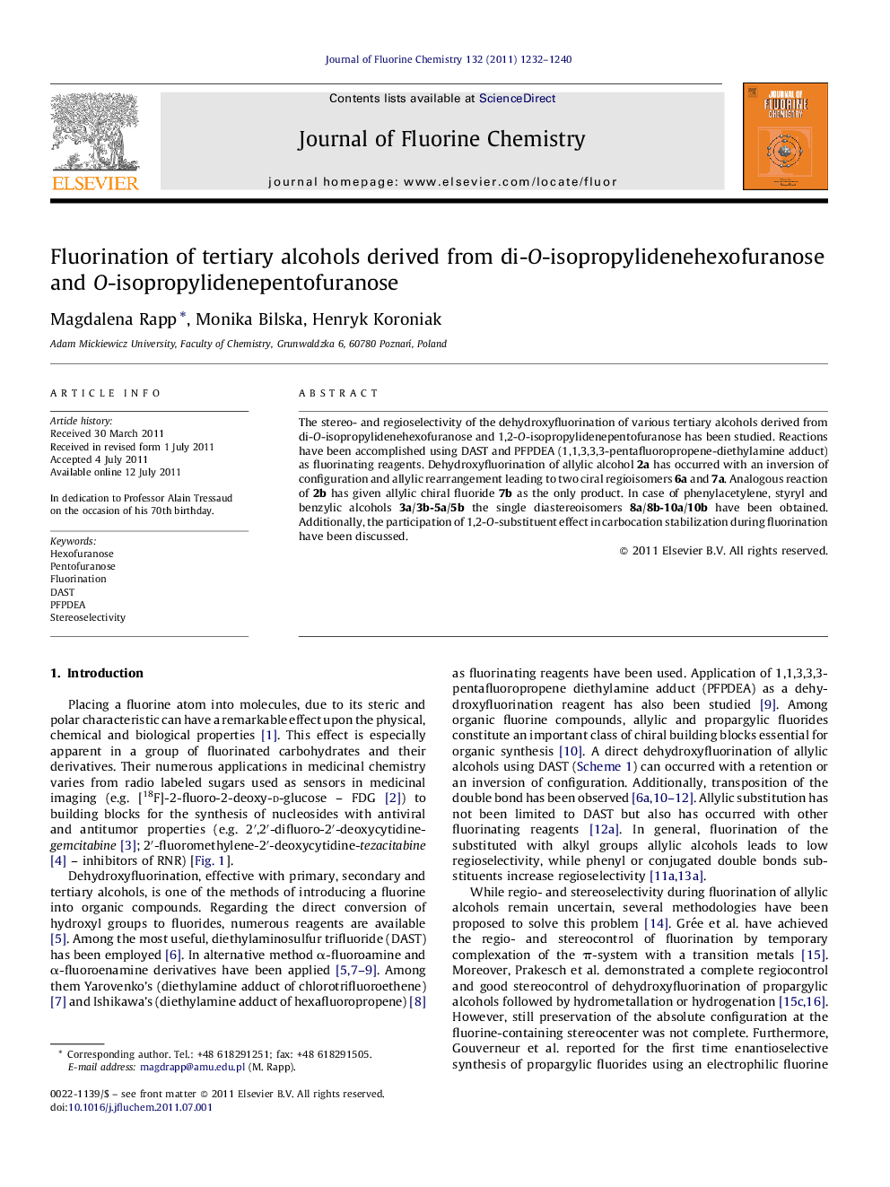 Fluorination of tertiary alcohols derived from di-O-isopropylidenehexofuranose and O-isopropylidenepentofuranose