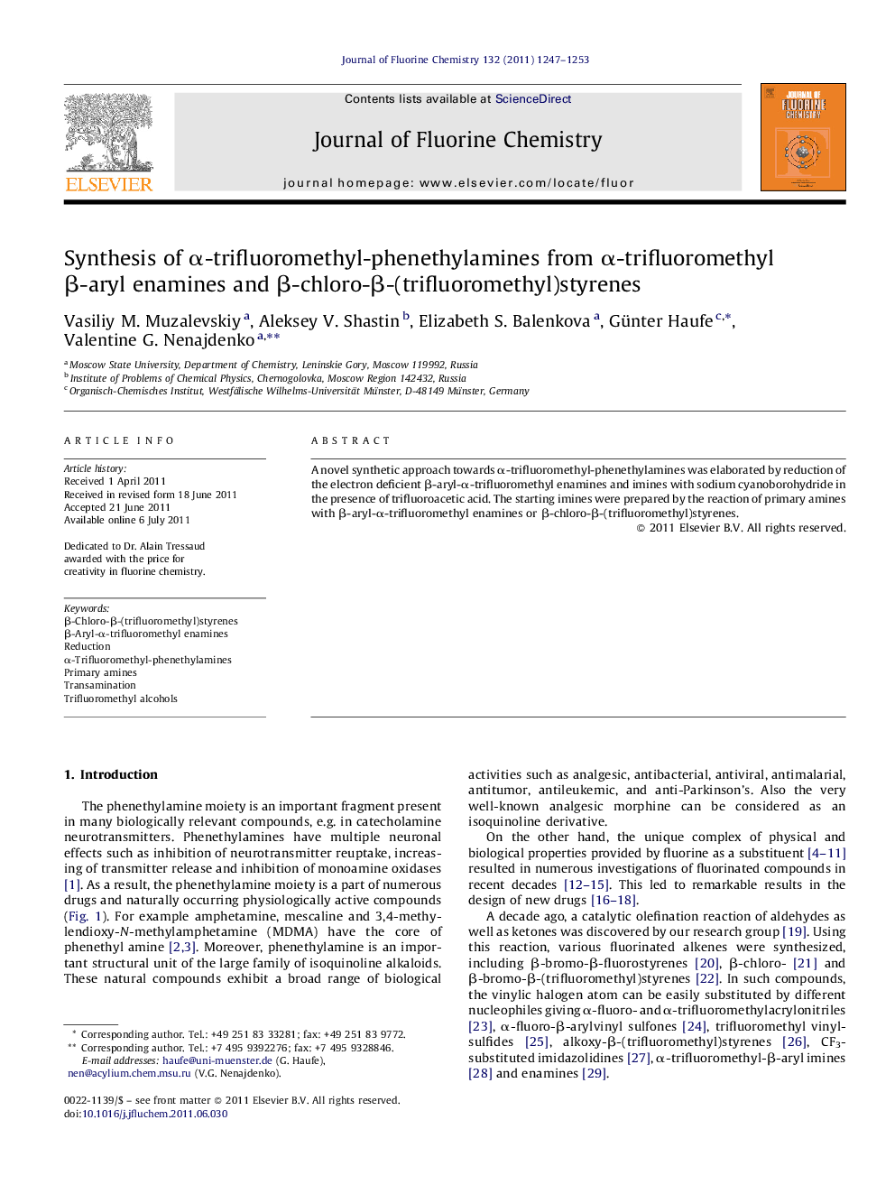Synthesis of α-trifluoromethyl-phenethylamines from α-trifluoromethyl β-aryl enamines and β-chloro-β-(trifluoromethyl)styrenes