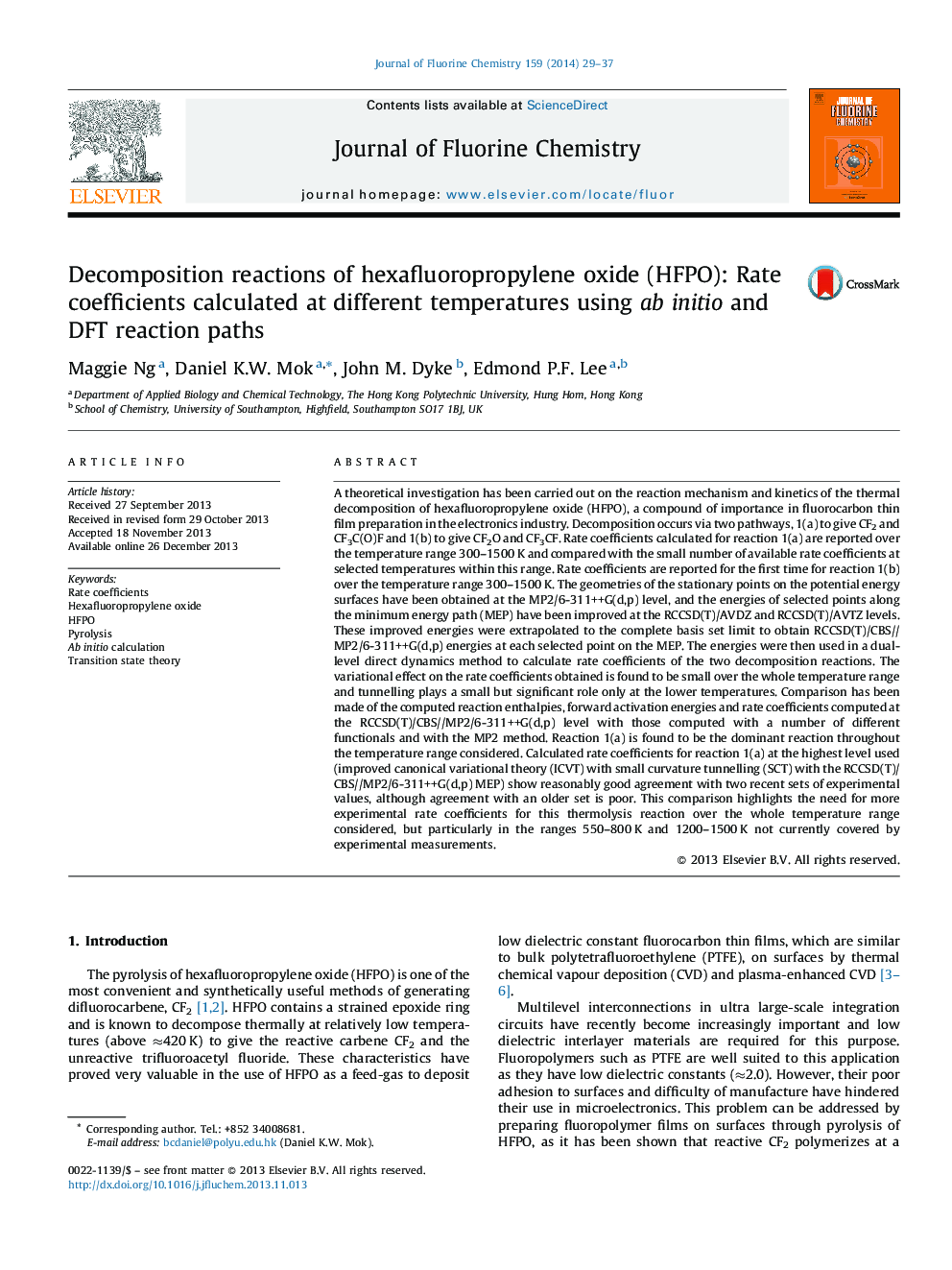 Decomposition reactions of hexafluoropropylene oxide (HFPO): Rate coefficients calculated at different temperatures using ab initio and DFT reaction paths