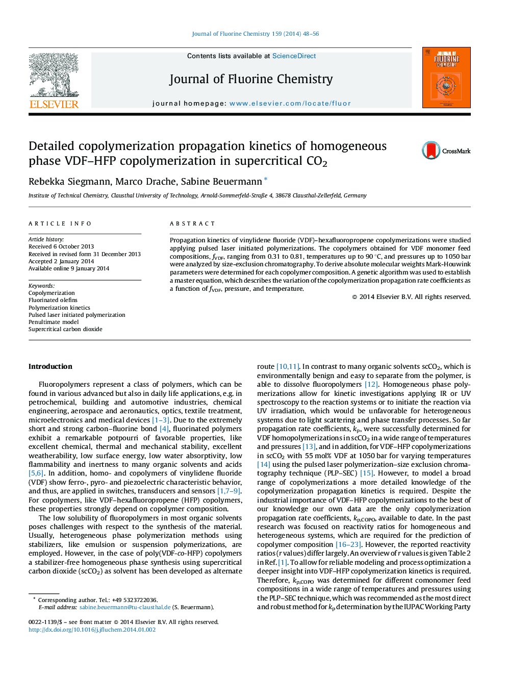 Detailed copolymerization propagation kinetics of homogeneous phase VDF–HFP copolymerization in supercritical CO2