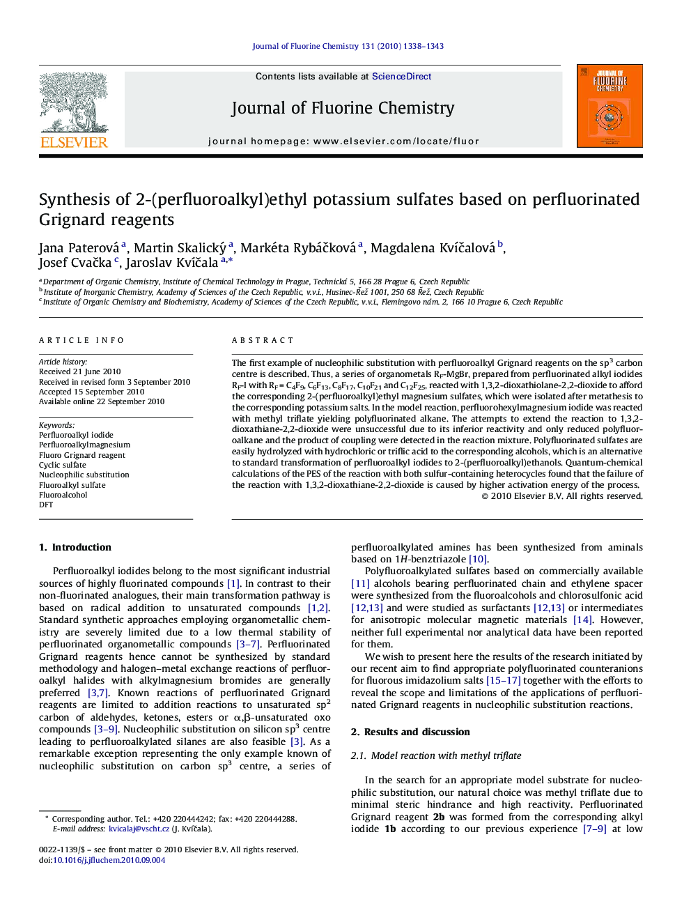 Synthesis of 2-(perfluoroalkyl)ethyl potassium sulfates based on perfluorinated Grignard reagents