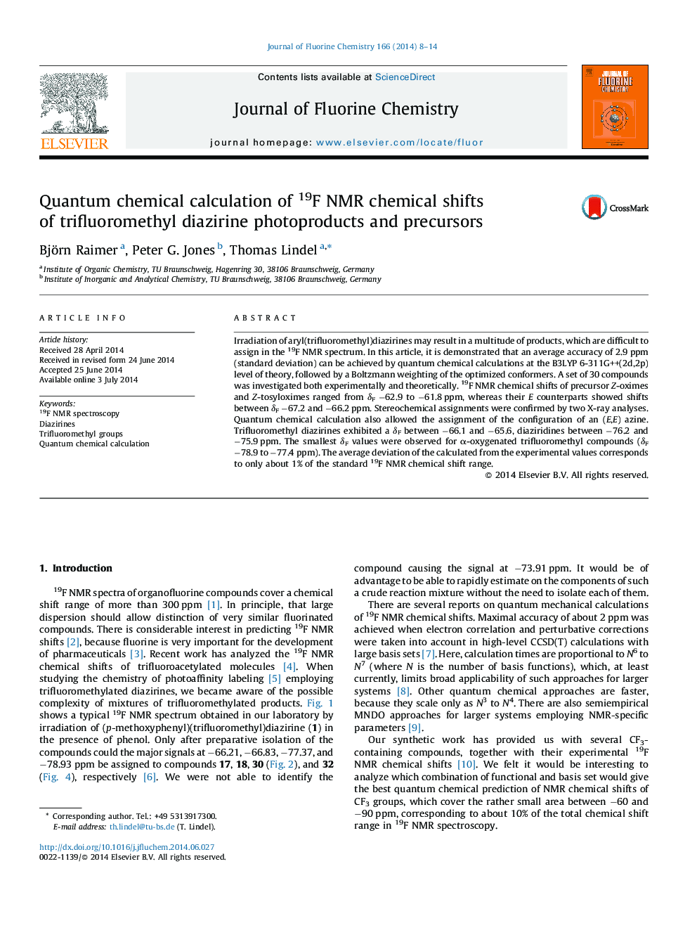 Quantum chemical calculation of 19F NMR chemical shifts of trifluoromethyl diazirine photoproducts and precursors