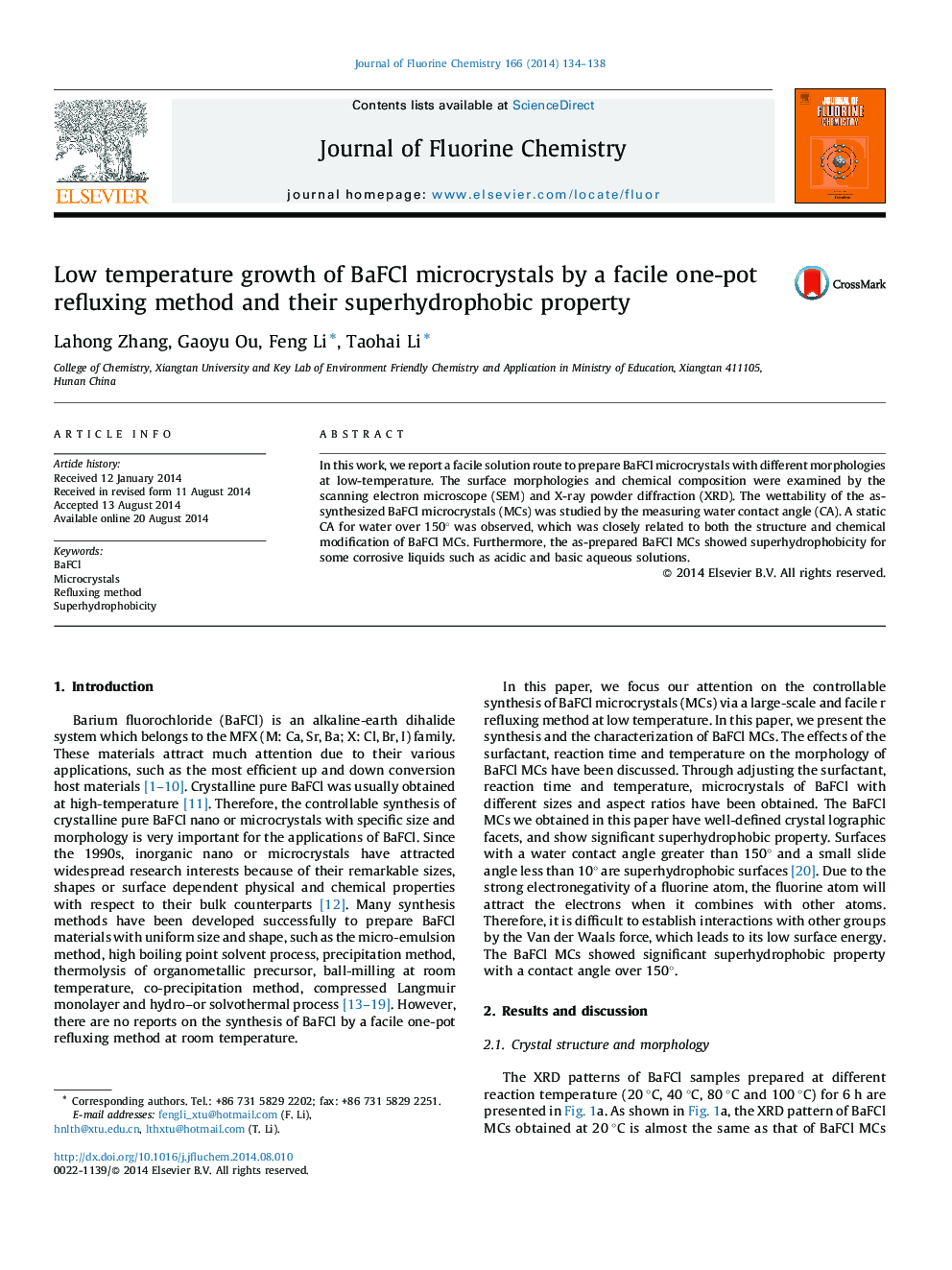 Low temperature growth of BaFCl microcrystals by a facile one-pot refluxing method and their superhydrophobic property