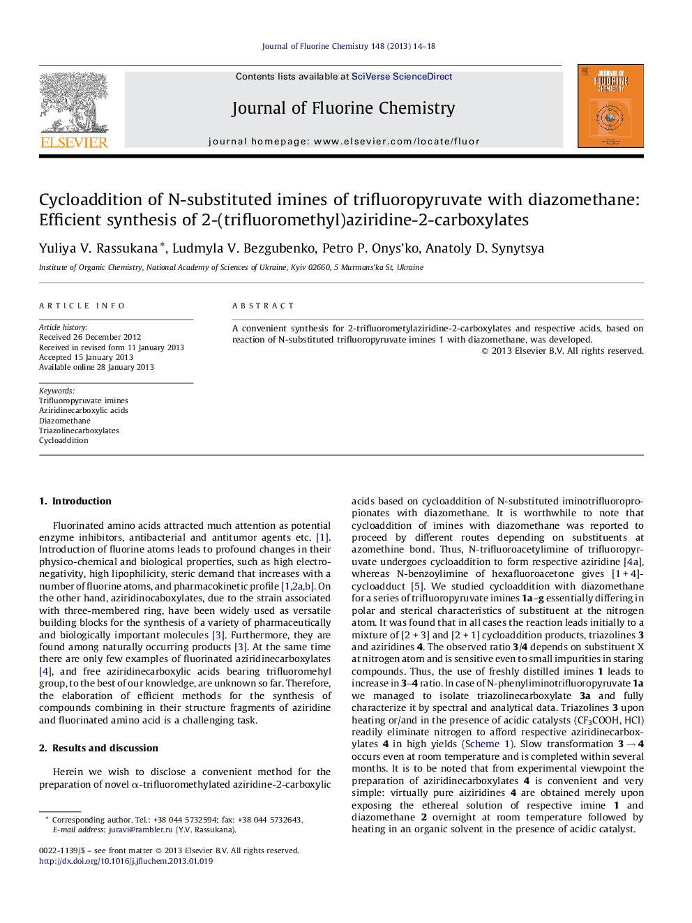 Cycloaddition of N-substituted imines of trifluoropyruvate with diazomethane: Efficient synthesis of 2-(trifluoromethyl)aziridine-2-carboxylates