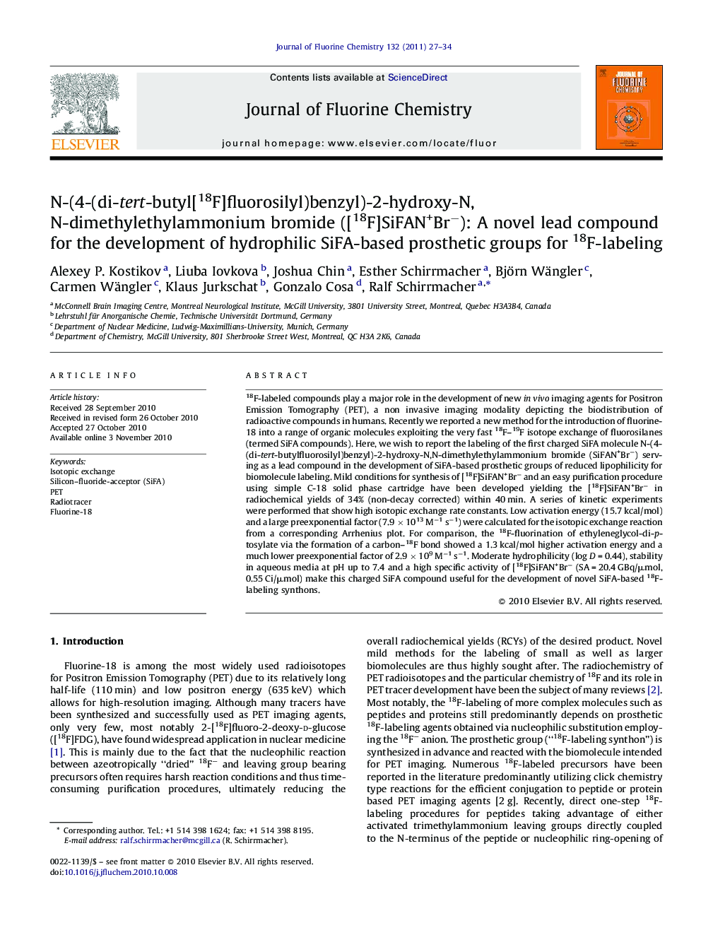 N-(4-(di-tert-butyl[18F]fluorosilyl)benzyl)-2-hydroxy-N,N-dimethylethylammonium bromide ([18F]SiFAN+Br−): A novel lead compound for the development of hydrophilic SiFA-based prosthetic groups for 18F-labeling