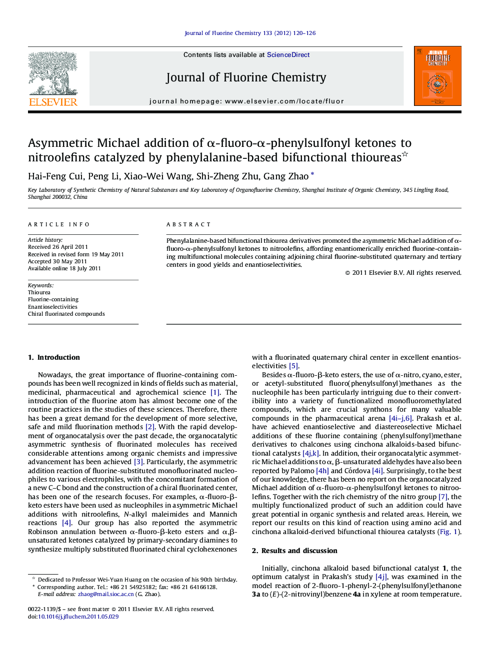 Asymmetric Michael addition of α-fluoro-α-phenylsulfonyl ketones to nitroolefins catalyzed by phenylalanine-based bifunctional thioureas 