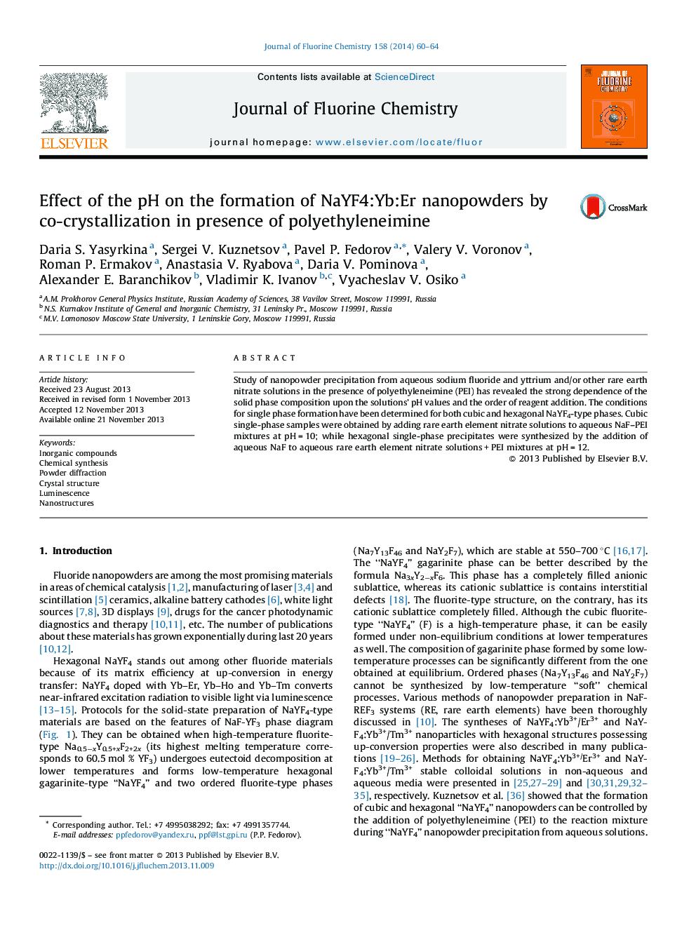 Effect of the pH on the formation of NaYF4:Yb:Er nanopowders by co-crystallization in presence of polyethyleneimine