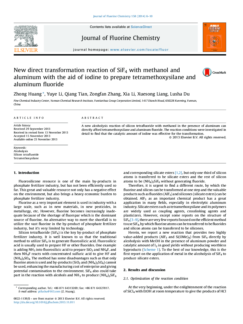 New direct transformation reaction of SiF4 with methanol and aluminum with the aid of iodine to prepare tetramethoxysilane and aluminum fluoride