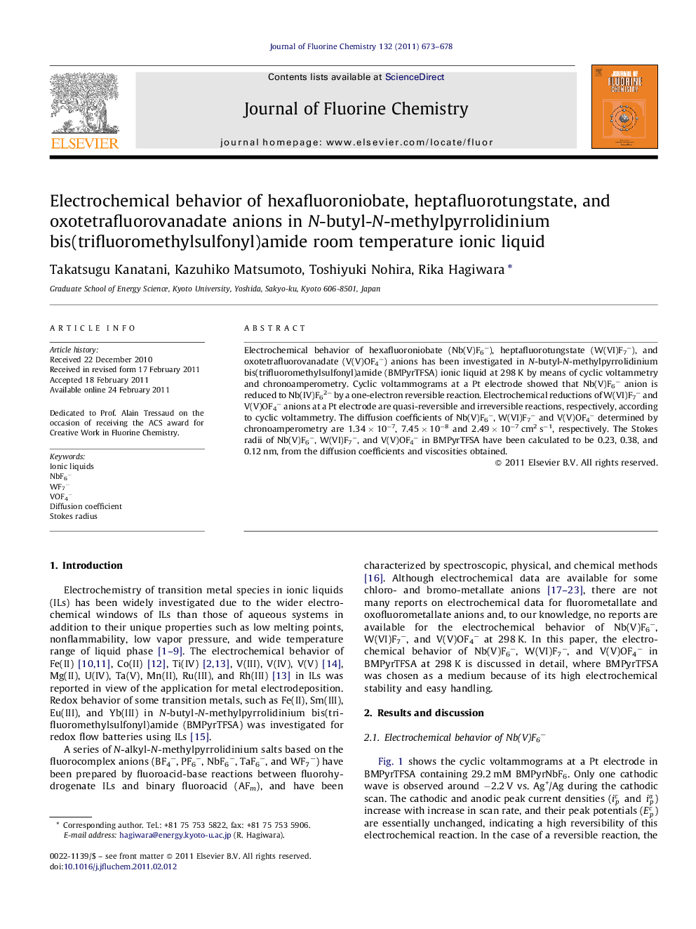 Electrochemical behavior of hexafluoroniobate, heptafluorotungstate, and oxotetrafluorovanadate anions in N-butyl-N-methylpyrrolidinium bis(trifluoromethylsulfonyl)amide room temperature ionic liquid