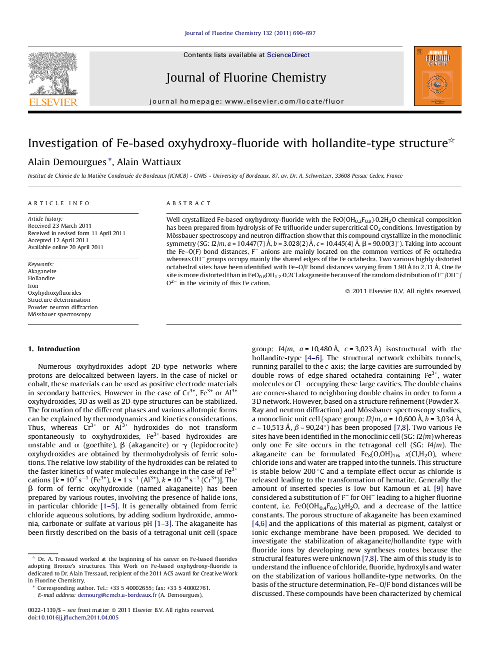 Investigation of Fe-based oxyhydroxy-fluoride with hollandite-type structure 