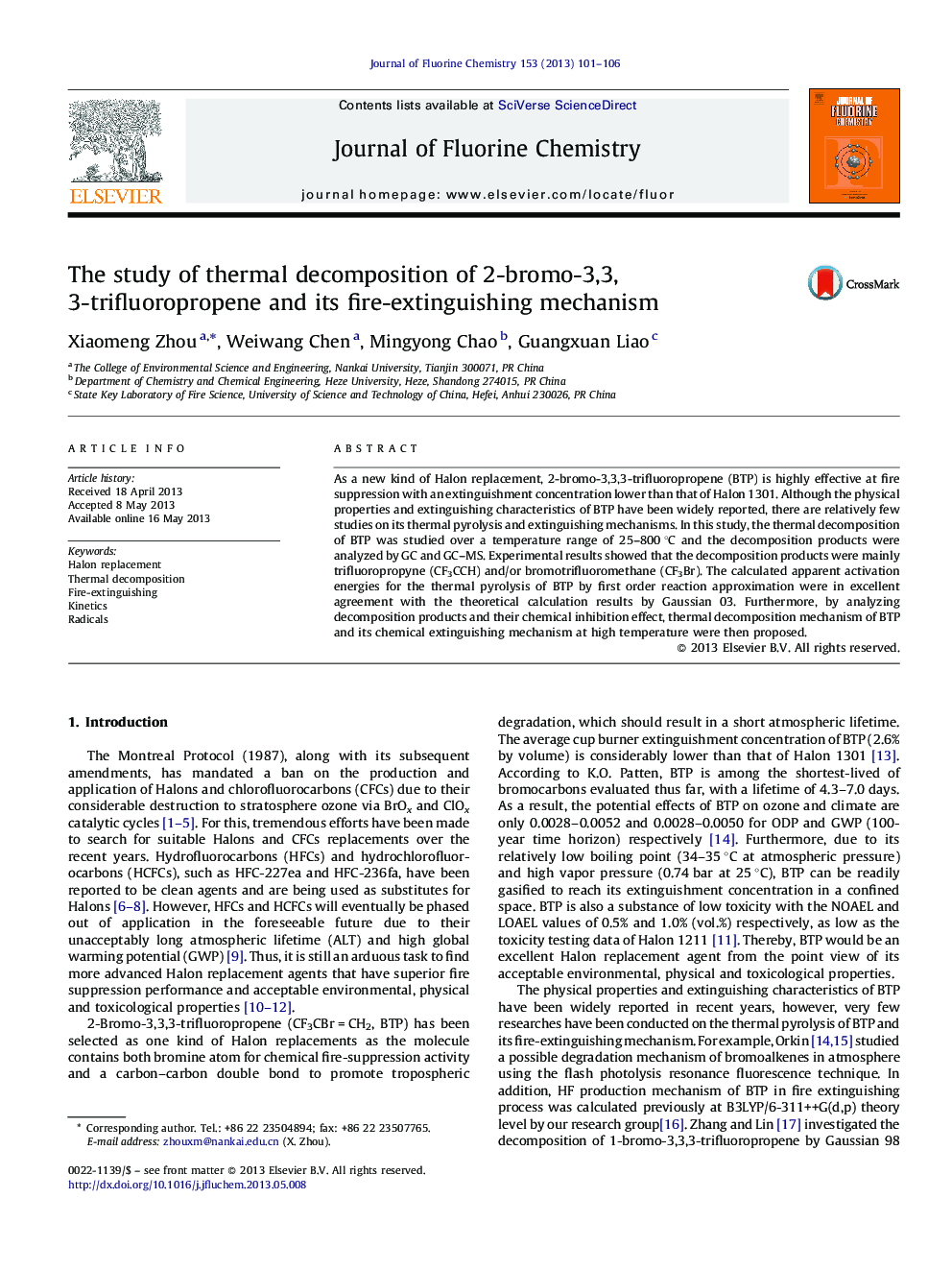 The study of thermal decomposition of 2-bromo-3,3,3-trifluoropropene and its fire-extinguishing mechanism