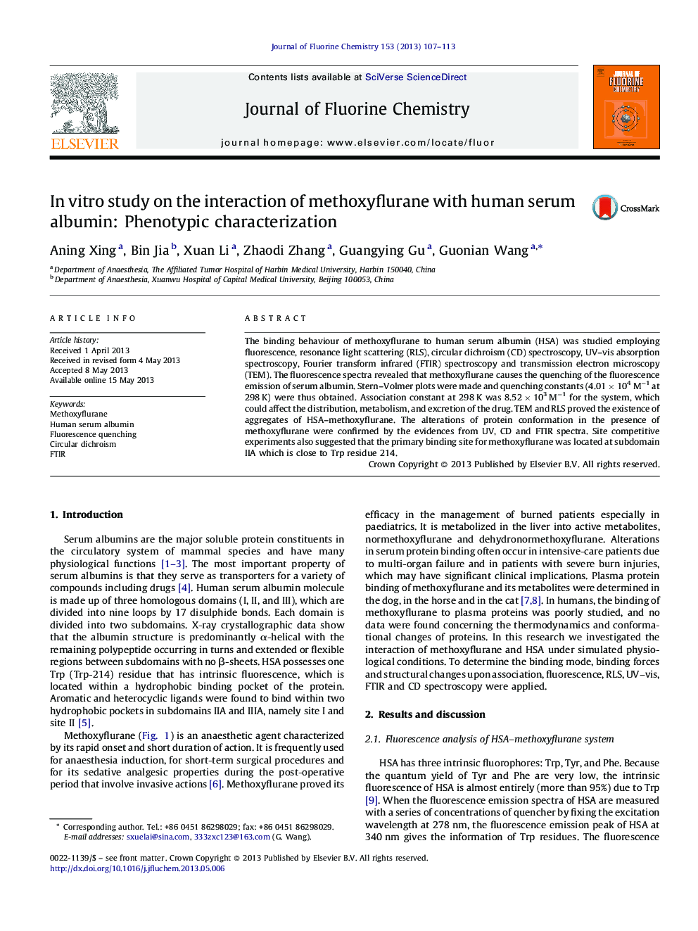 In vitro study on the interaction of methoxyflurane with human serum albumin: Phenotypic characterization