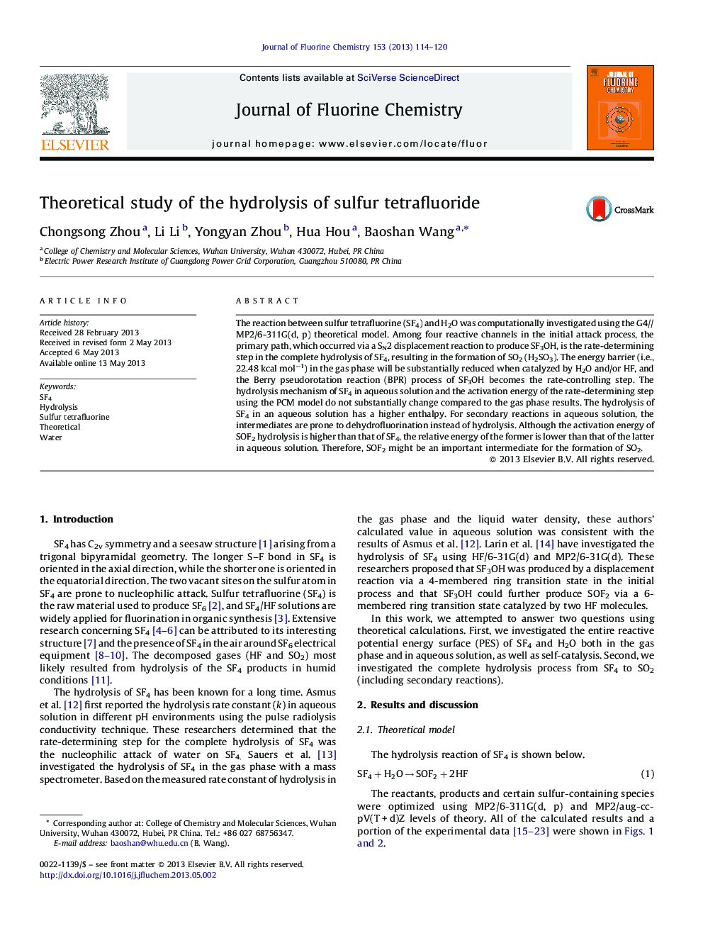 Theoretical study of the hydrolysis of sulfur tetrafluoride