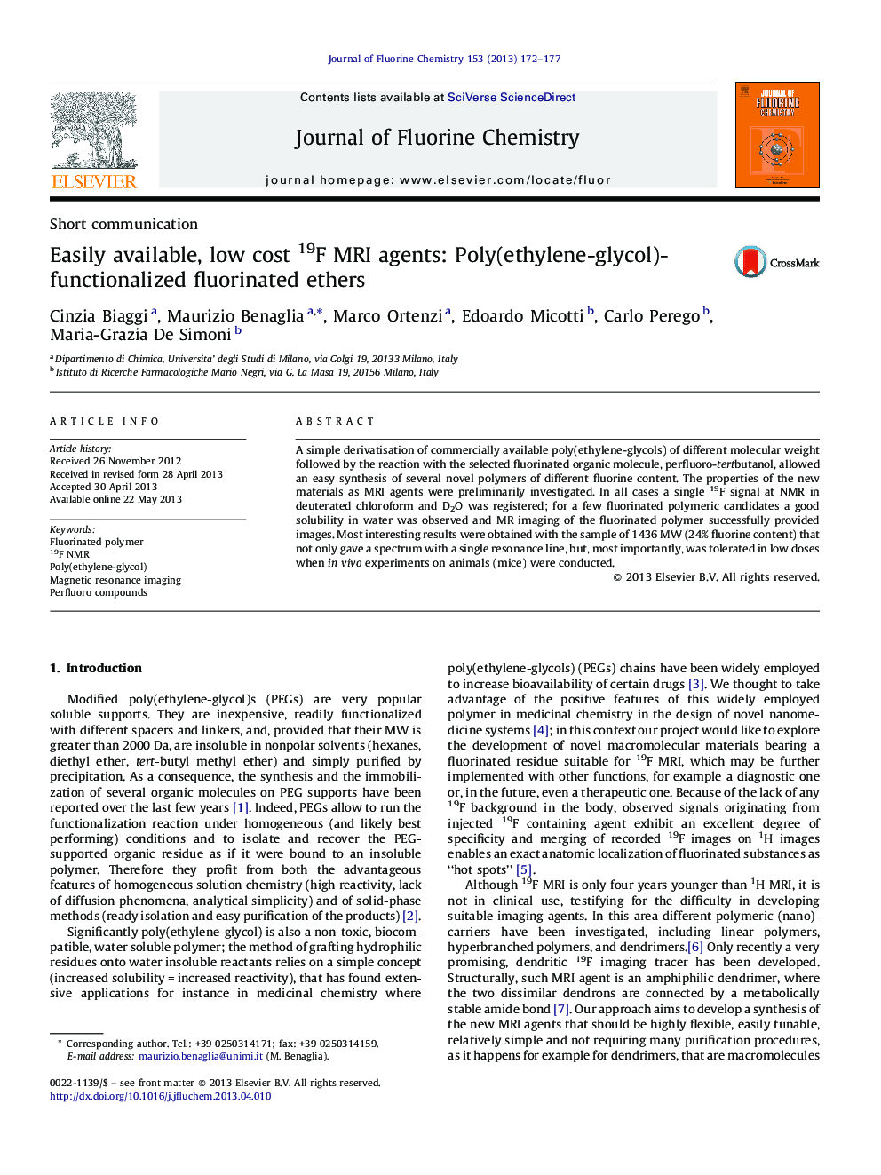 Easily available, low cost 19F MRI agents: Poly(ethylene-glycol)-functionalized fluorinated ethers