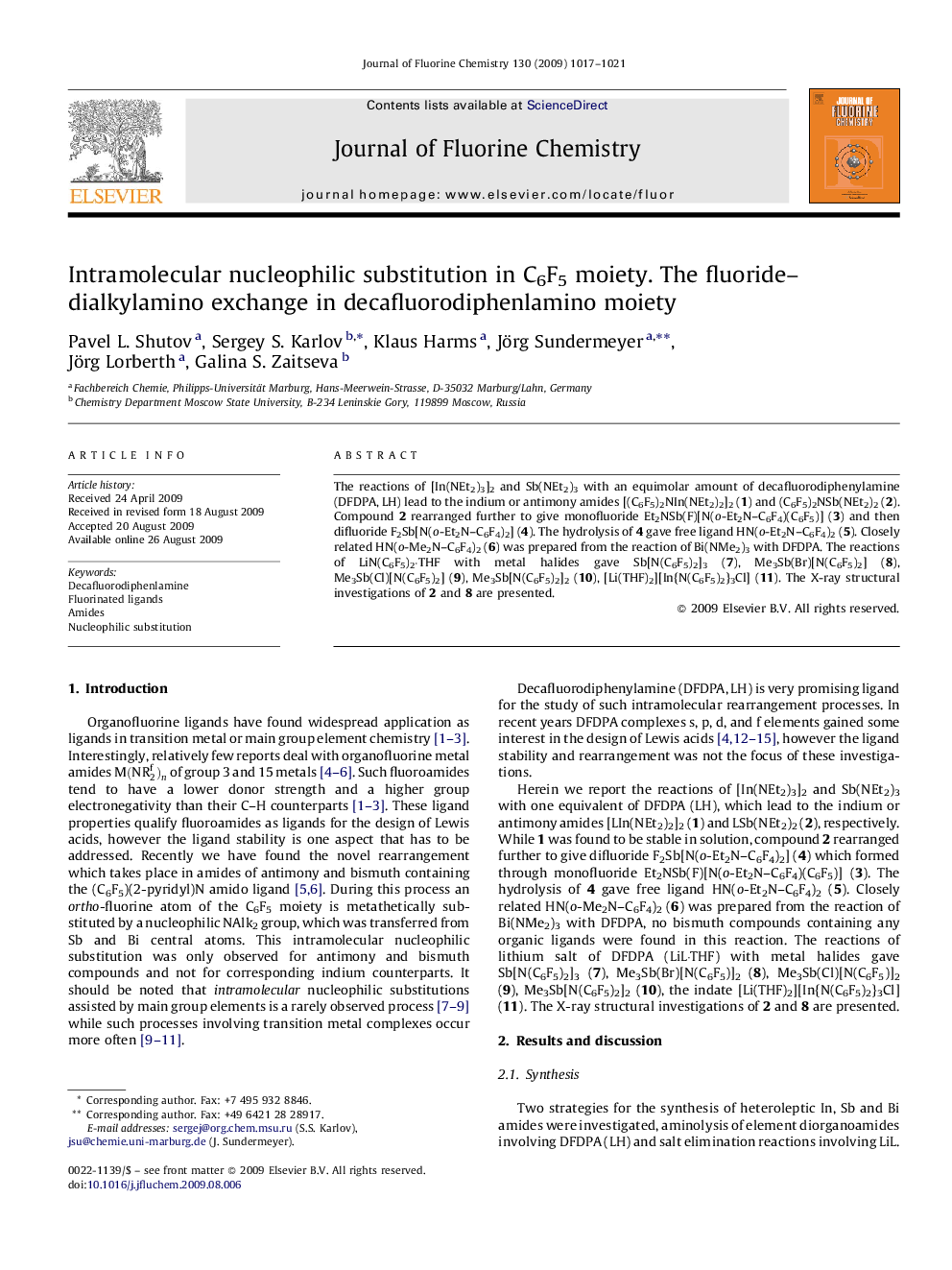 Intramolecular nucleophilic substitution in C6F5 moiety. The fluoride–dialkylamino exchange in decafluorodiphenlamino moiety