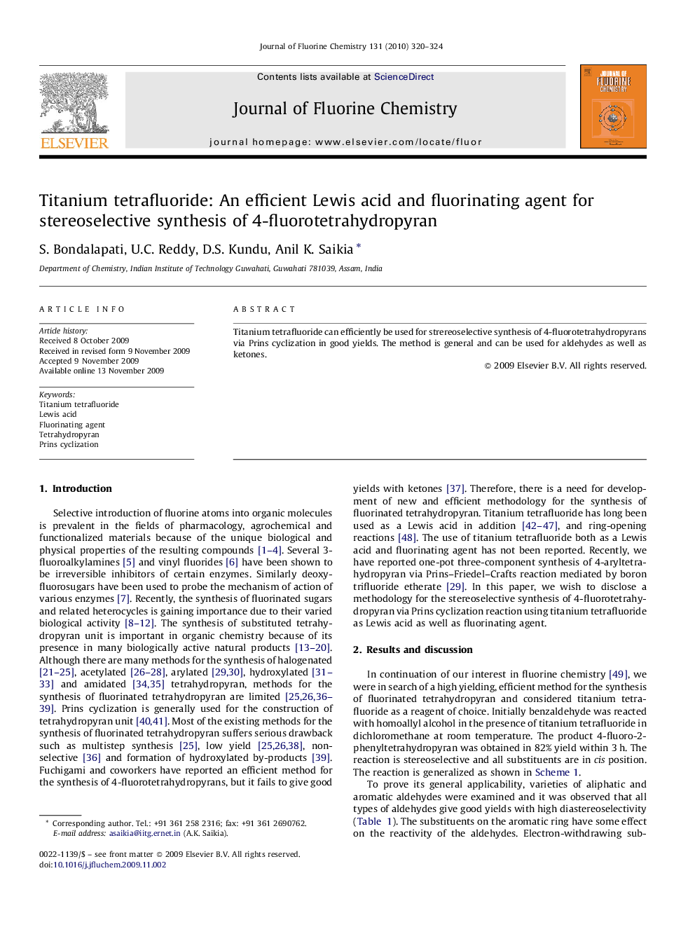 Titanium tetrafluoride: An efficient Lewis acid and fluorinating agent for stereoselective synthesis of 4-fluorotetrahydropyran