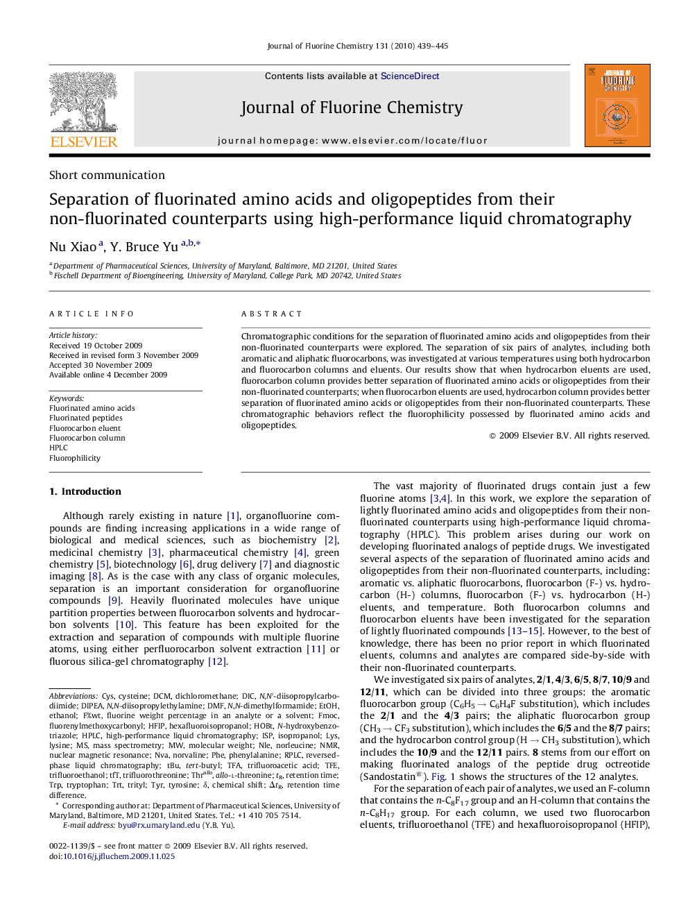 Separation of fluorinated amino acids and oligopeptides from their non-fluorinated counterparts using high-performance liquid chromatography