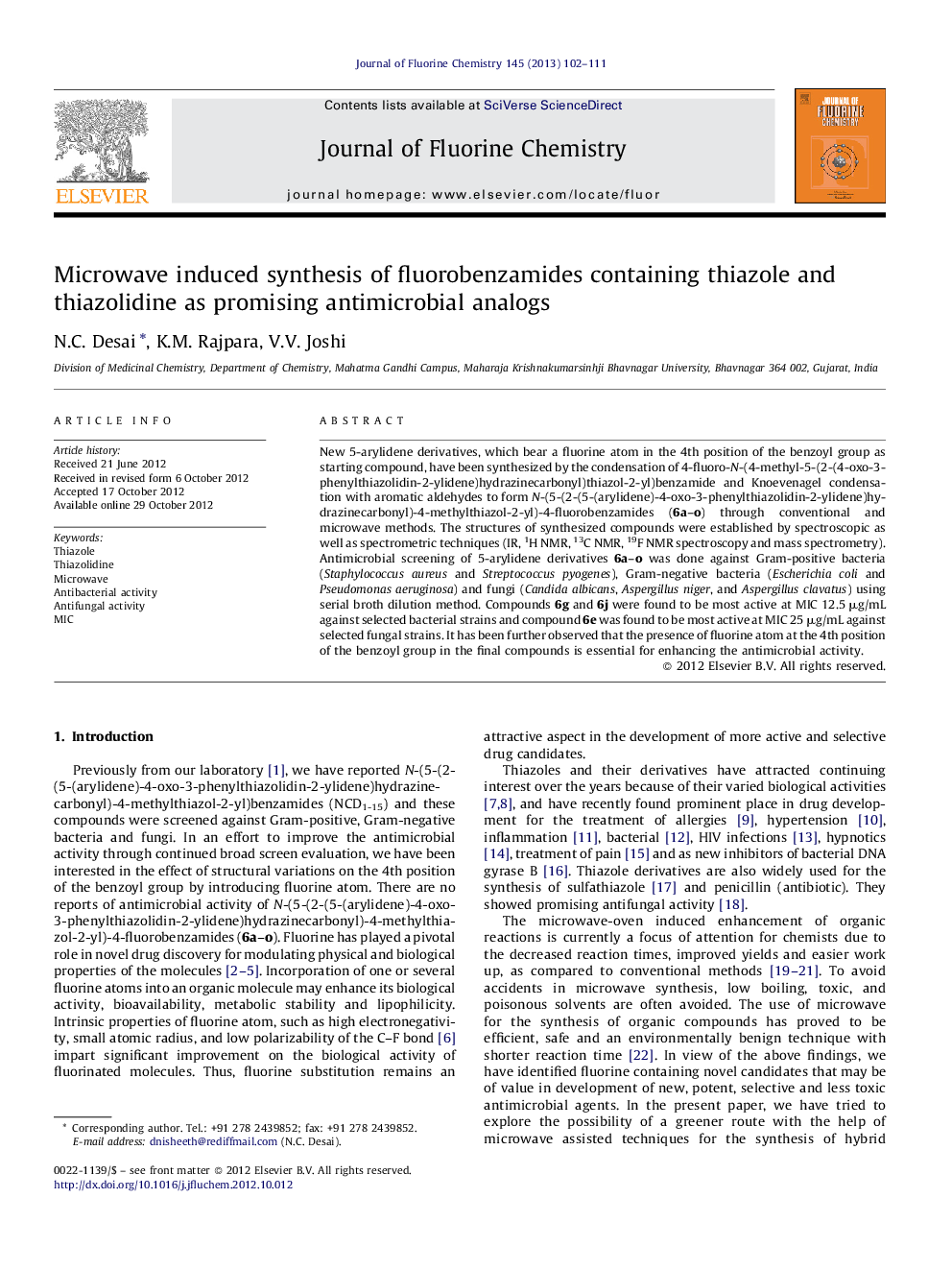 Microwave induced synthesis of fluorobenzamides containing thiazole and thiazolidine as promising antimicrobial analogs