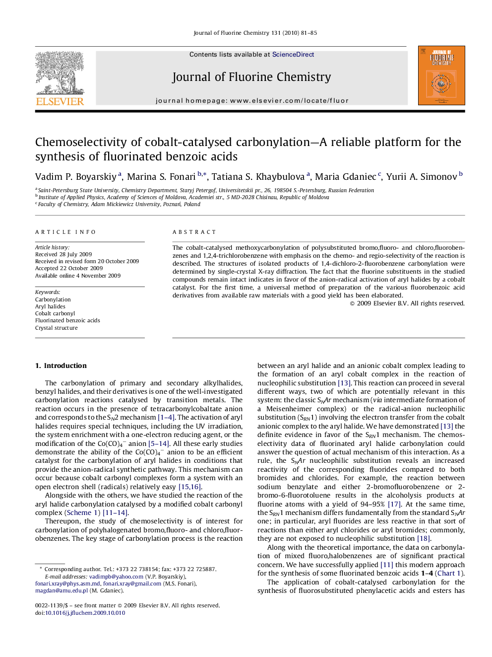 Chemoselectivity of cobalt-catalysed carbonylation—A reliable platform for the synthesis of fluorinated benzoic acids