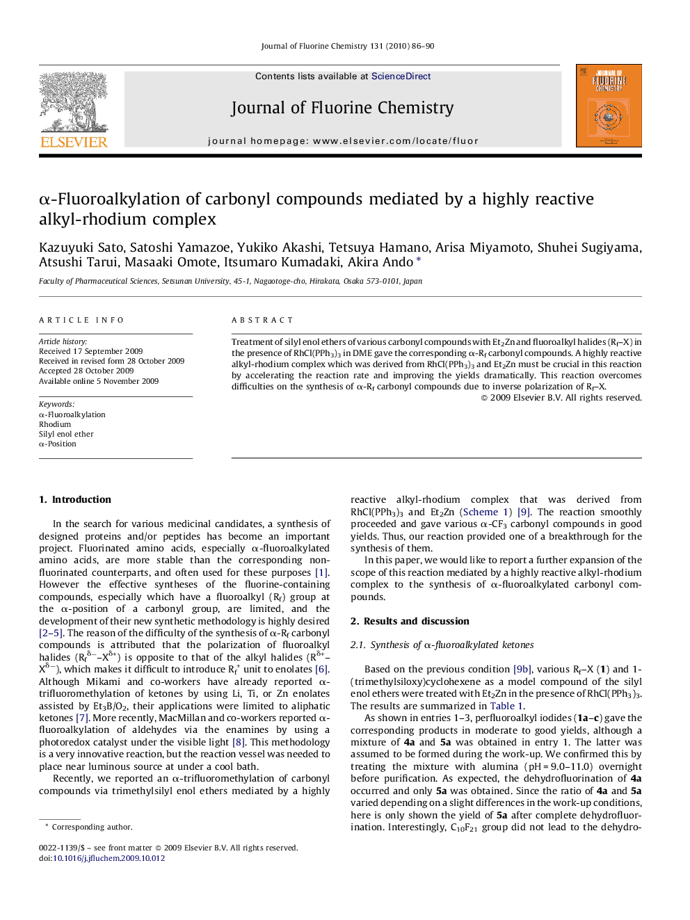 α-Fluoroalkylation of carbonyl compounds mediated by a highly reactive alkyl-rhodium complex