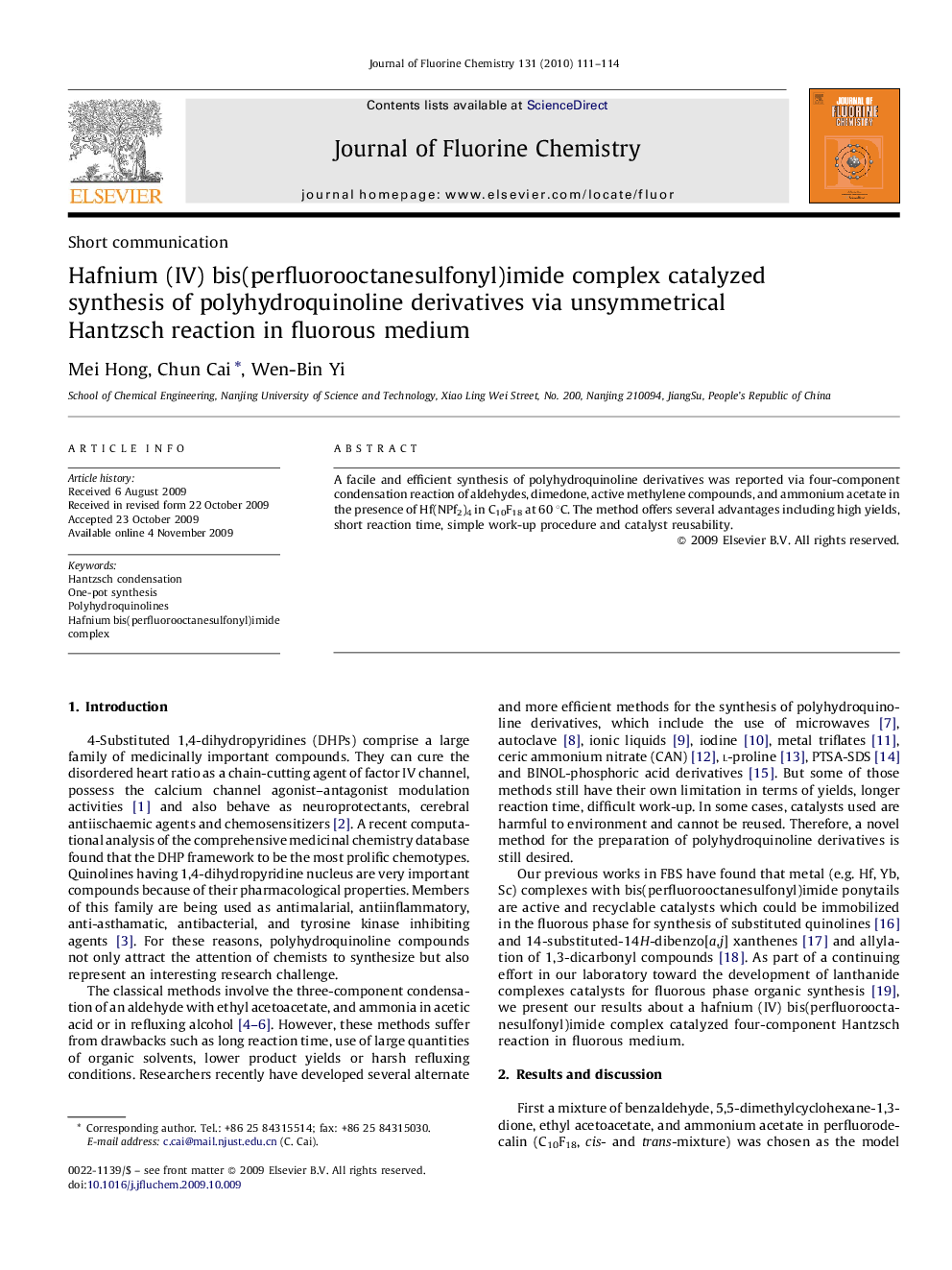 Hafnium (IV) bis(perfluorooctanesulfonyl)imide complex catalyzed synthesis of polyhydroquinoline derivatives via unsymmetrical Hantzsch reaction in fluorous medium