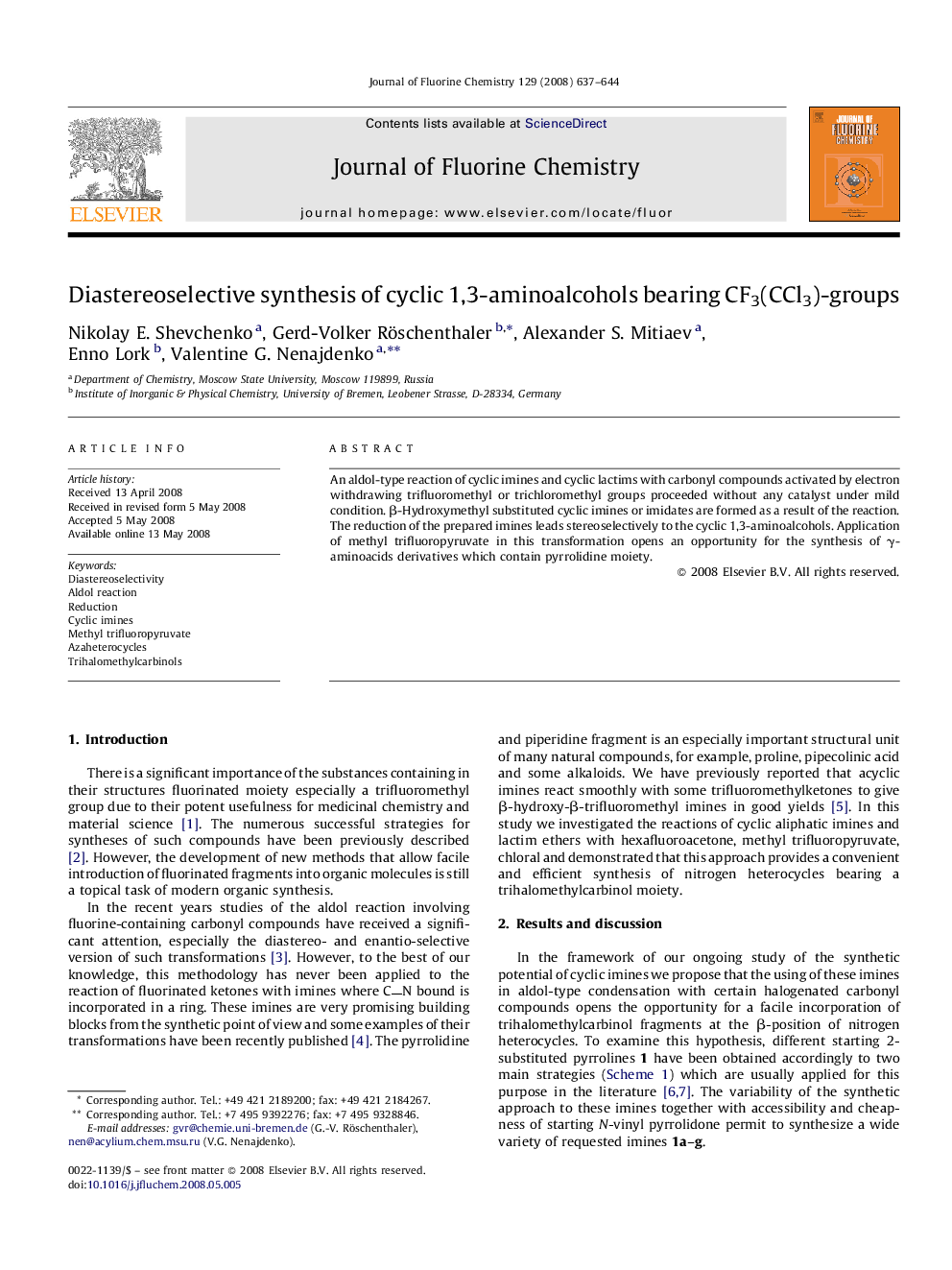 Diastereoselective synthesis of cyclic 1,3-aminoalcohols bearing CF3(CCl3)-groups