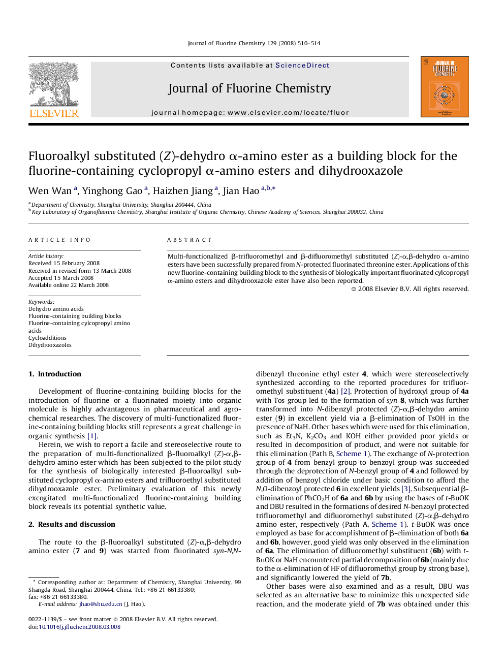 Fluoroalkyl substituted (Z)-dehydro α-amino ester as a building block for the fluorine-containing cyclopropyl α-amino esters and dihydrooxazole