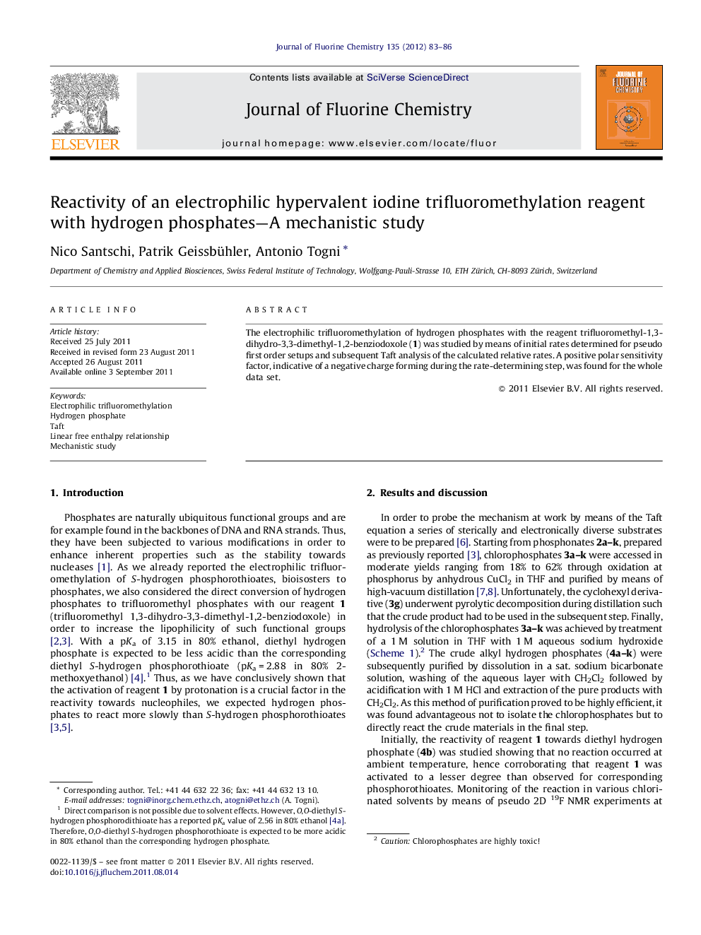 Reactivity of an electrophilic hypervalent iodine trifluoromethylation reagent with hydrogen phosphates—A mechanistic study