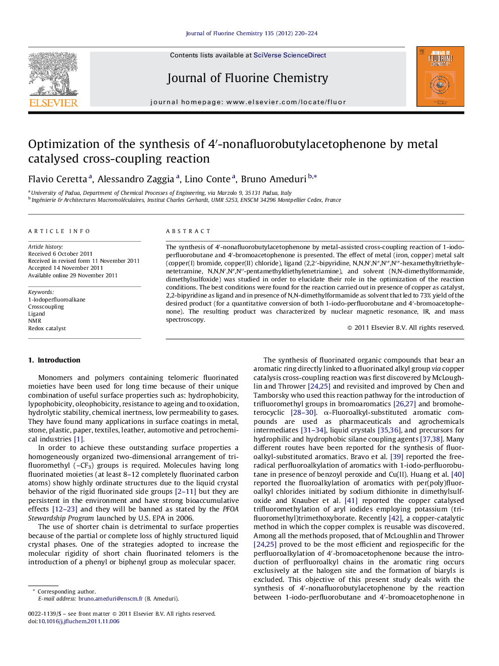 Optimization of the synthesis of 4′-nonafluorobutylacetophenone by metal catalysed cross-coupling reaction