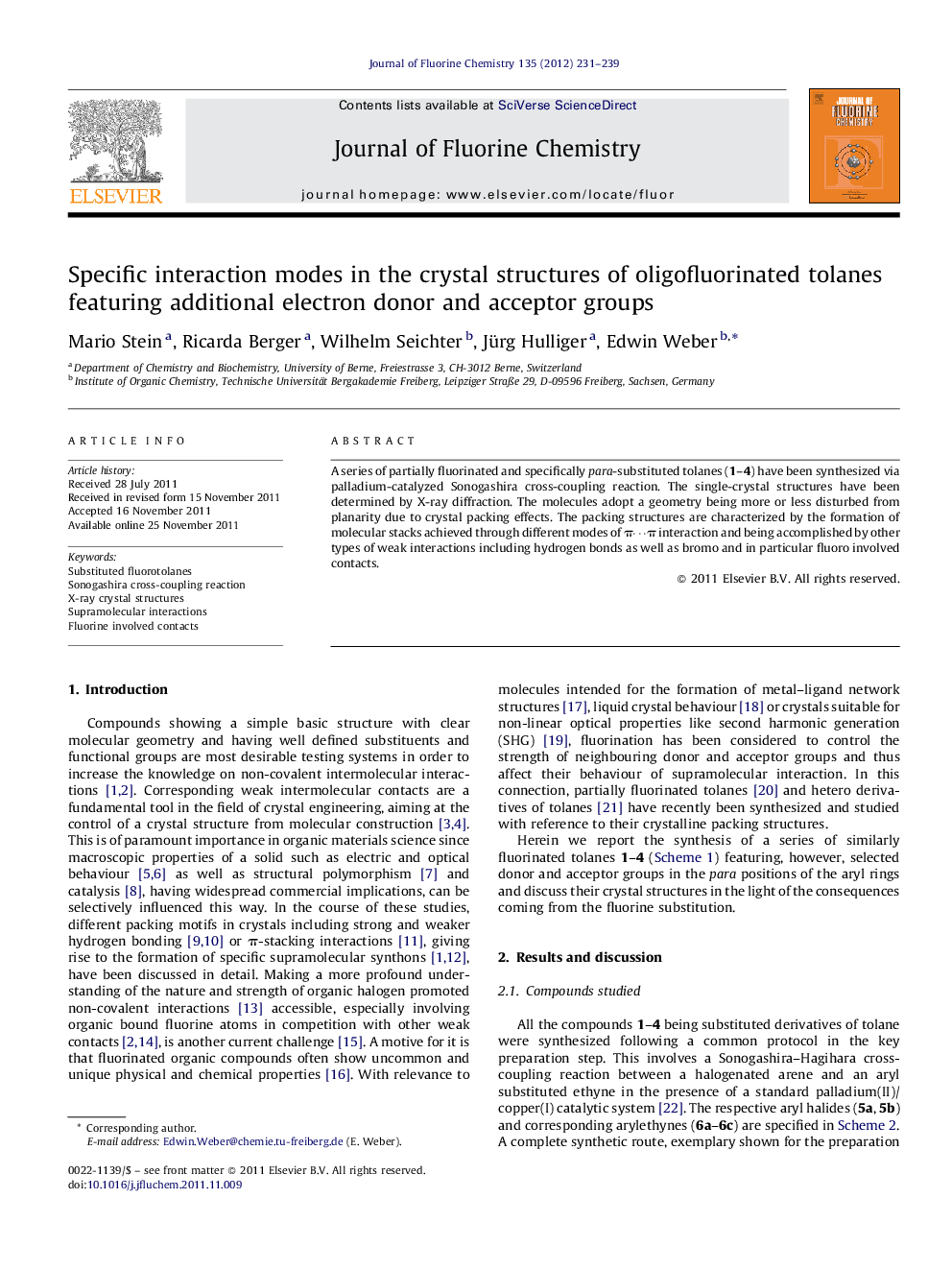 Specific interaction modes in the crystal structures of oligofluorinated tolanes featuring additional electron donor and acceptor groups