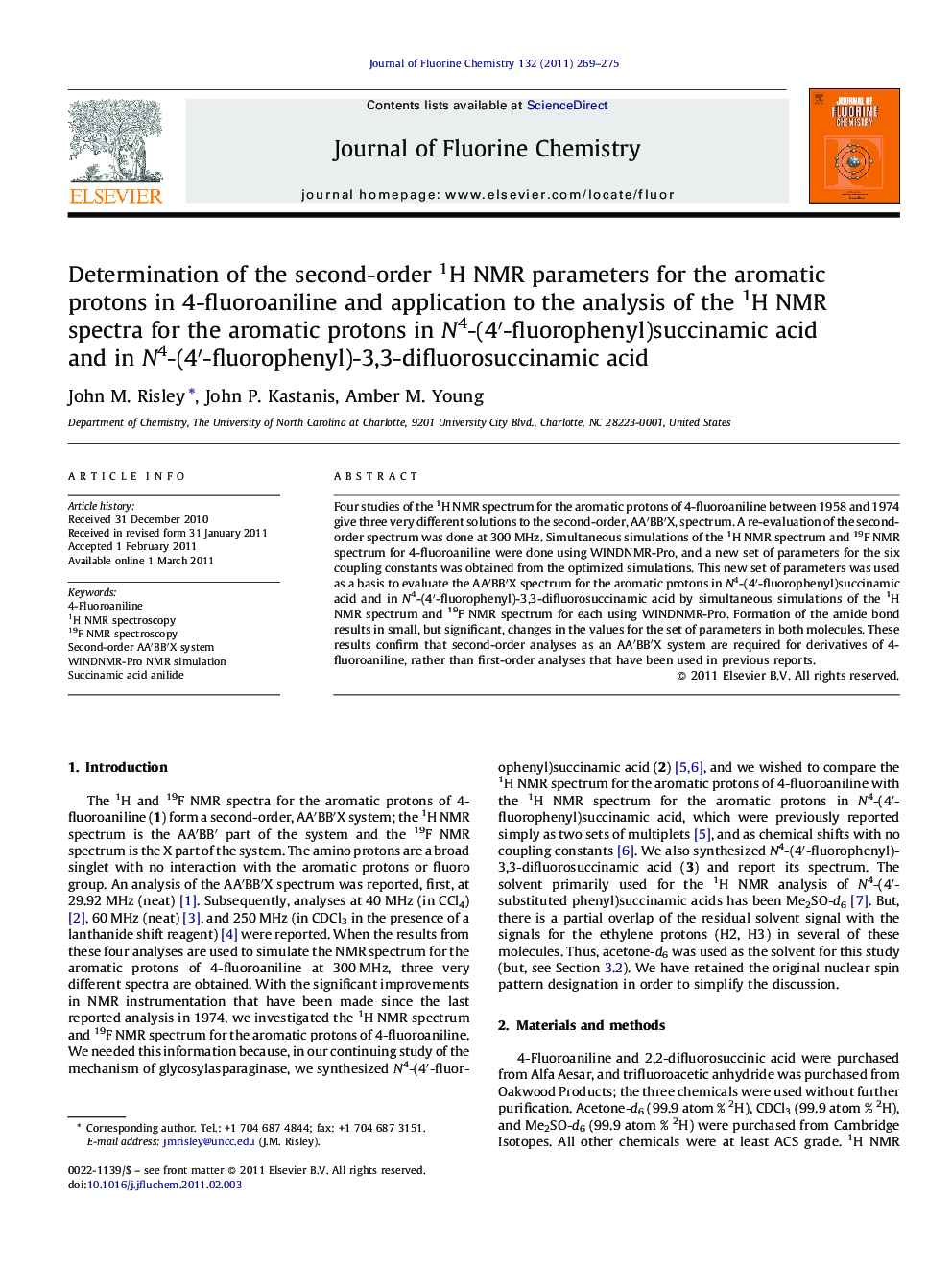 Determination of the second-order 1H NMR parameters for the aromatic protons in 4-fluoroaniline and application to the analysis of the 1H NMR spectra for the aromatic protons in N4-(4′-fluorophenyl)succinamic acid and in N4-(4′-fluorophenyl)-3,3-difluoros