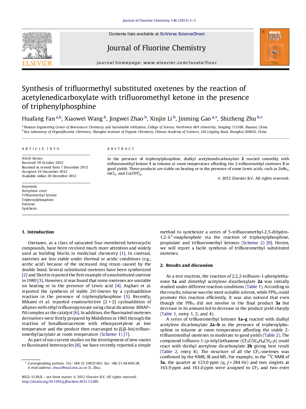 Synthesis of trifluormethyl substituted oxetenes by the reaction of acetylenedicarboxylate with trifluoromethyl ketone in the presence of triphenylphosphine